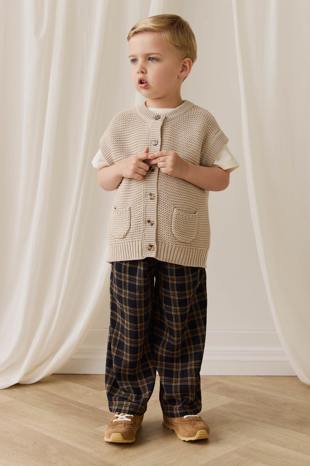Pantalon décontracté en coton biologique à carreaux classiques couleur terre, avec lien décoratif à la taille, pour enfants de 6 mois à 8 ans