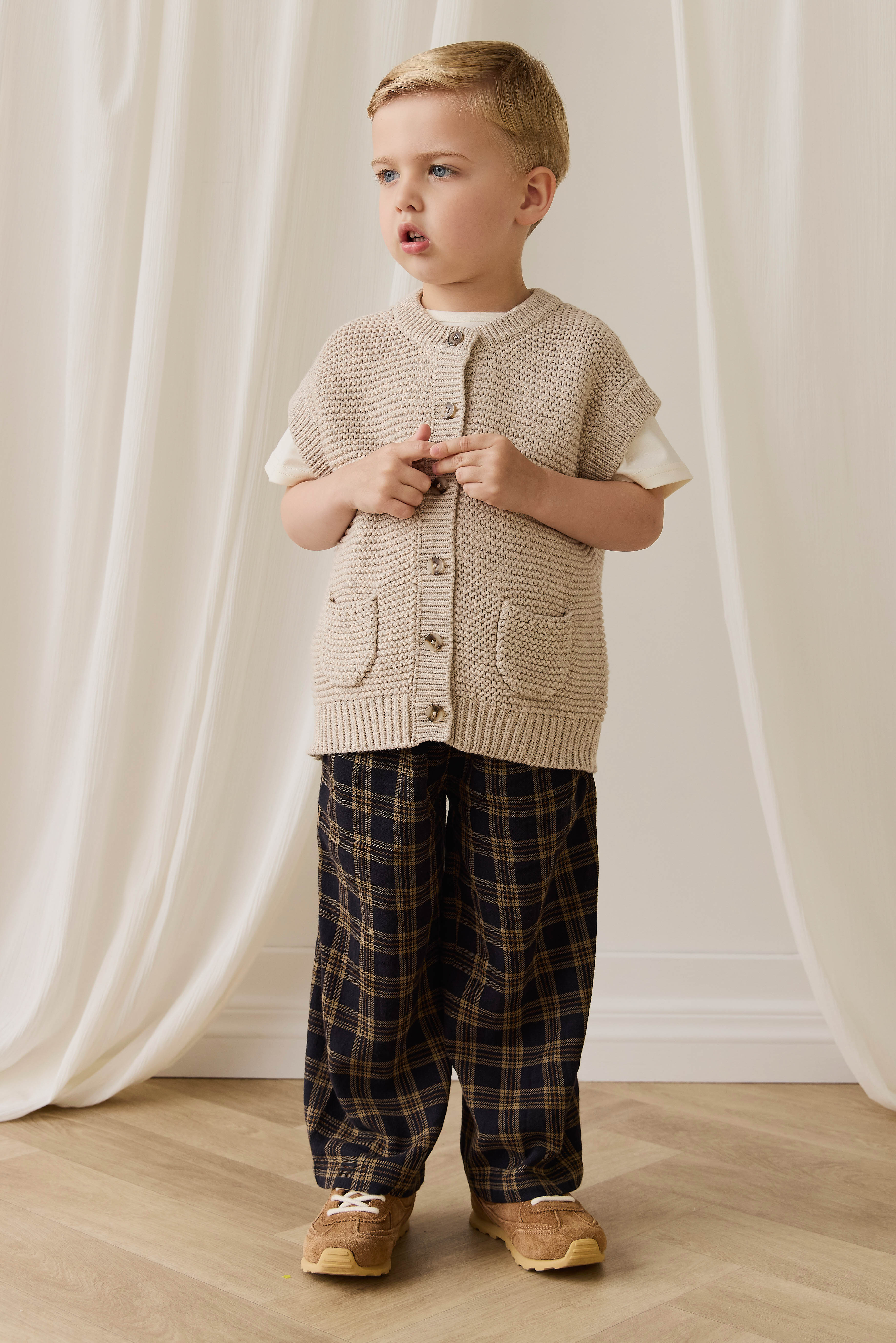 Pantalon décontracté en coton biologique à carreaux classiques couleur terre, avec lien décoratif à la taille, pour enfants de 6 mois à 8 ans