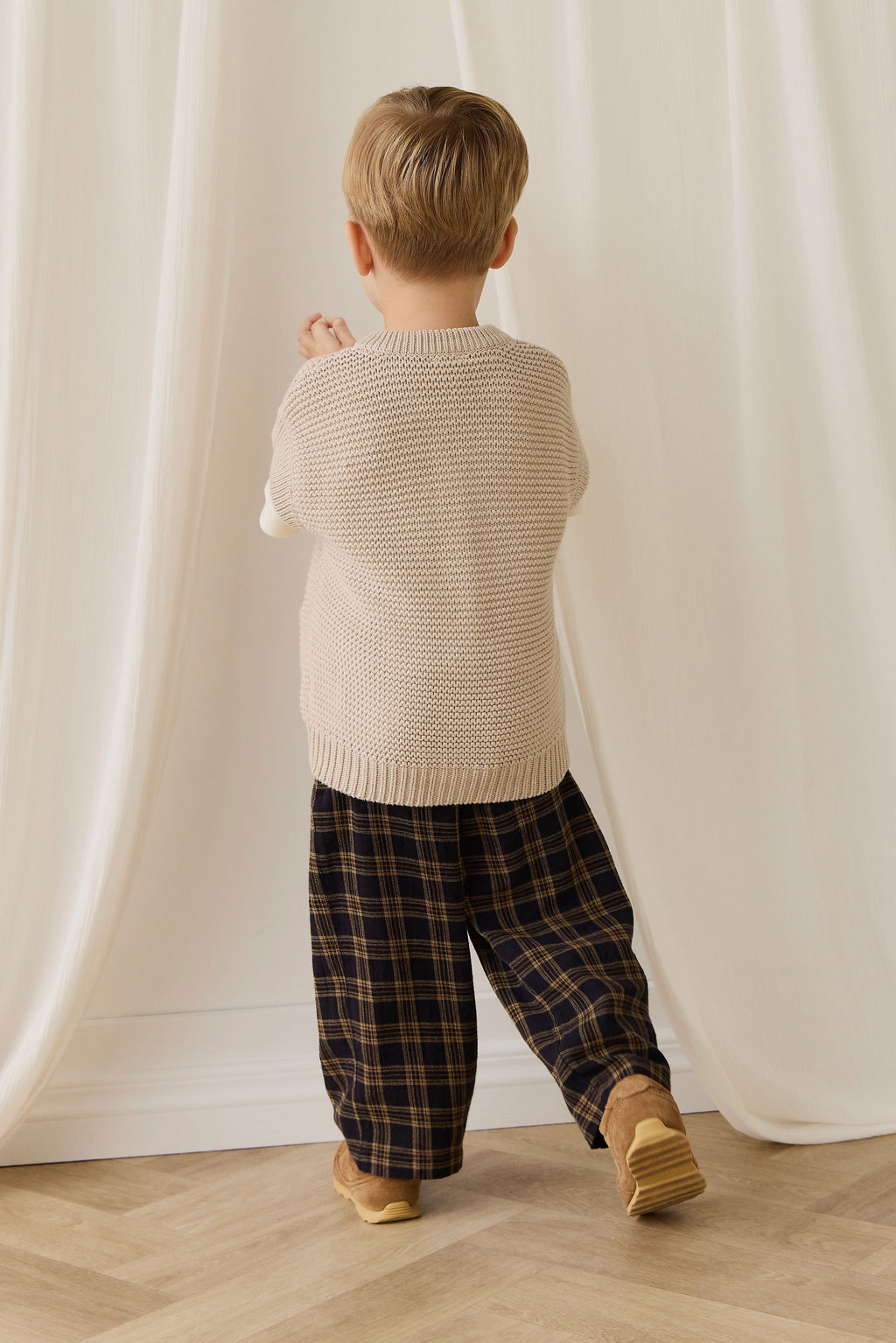 Pantalon décontracté en coton biologique à carreaux classiques couleur terre, avec lien décoratif à la taille, pour enfants de 6 mois à 8 ans