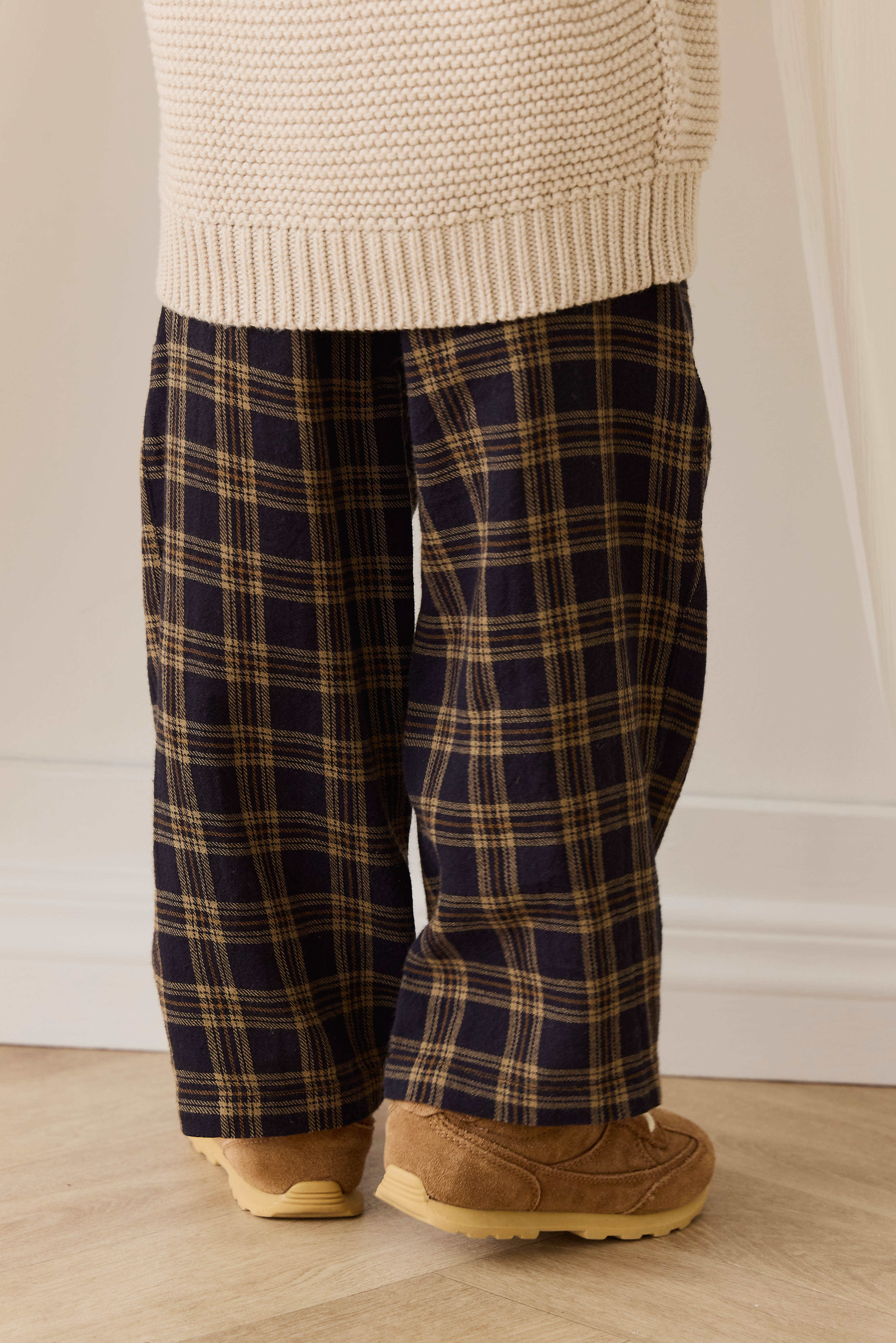 Pantalon décontracté en coton biologique à carreaux classiques couleur terre, avec lien décoratif à la taille, pour enfants de 6 mois à 8 ans