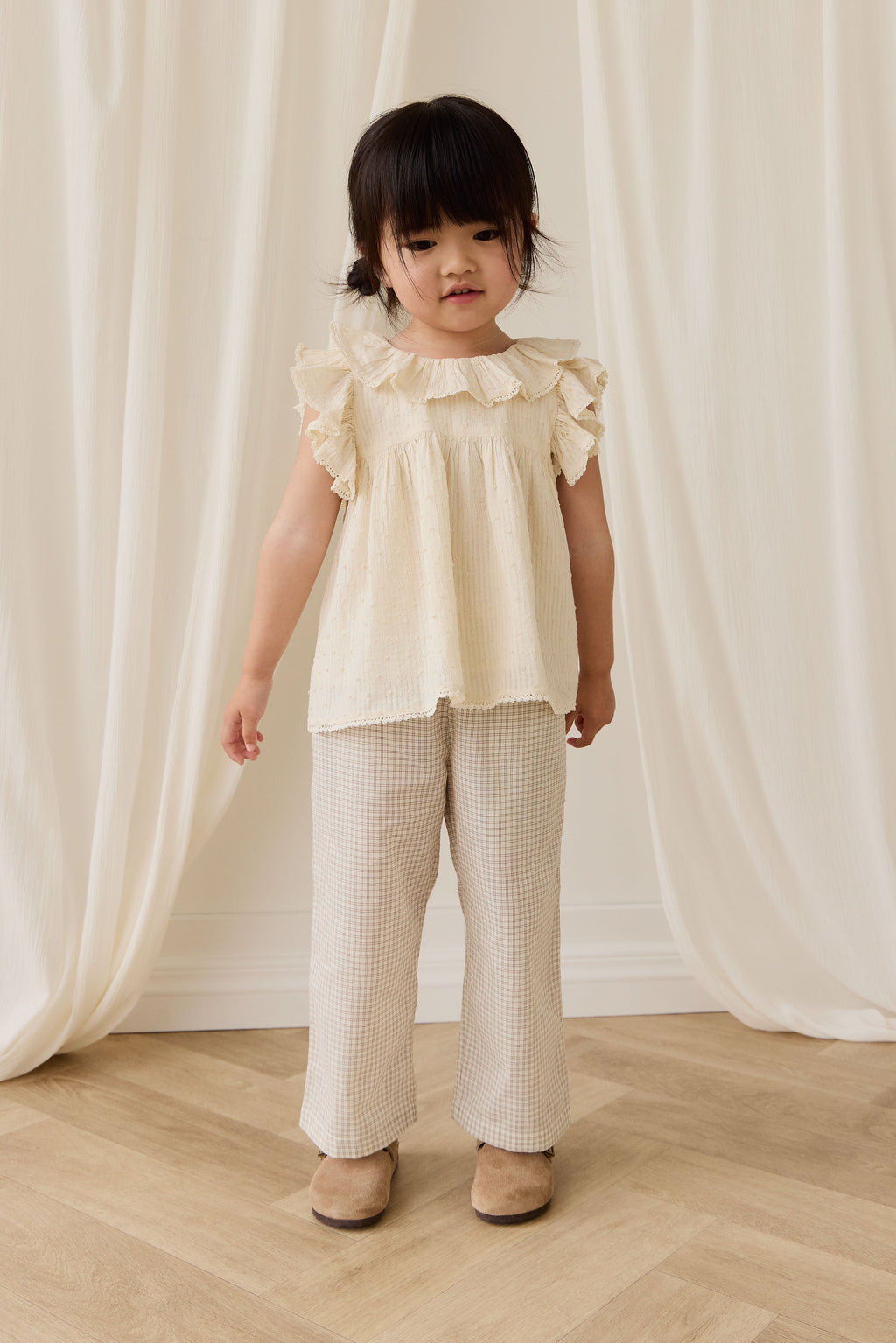 Pantalon décontracté intemporel à carreaux double fenêtre en pacane et coton biologique avec ceinture pour enfants de 6 mois à 8 ans