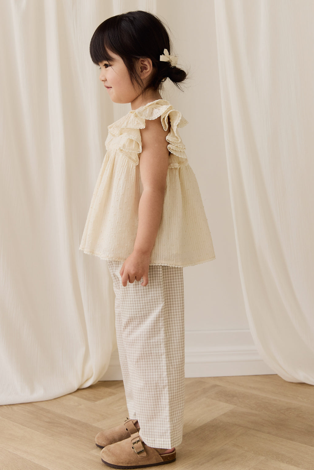 Pantalon décontracté intemporel à carreaux double fenêtre en pacane et coton biologique avec ceinture pour enfants de 6 mois à 8 ans