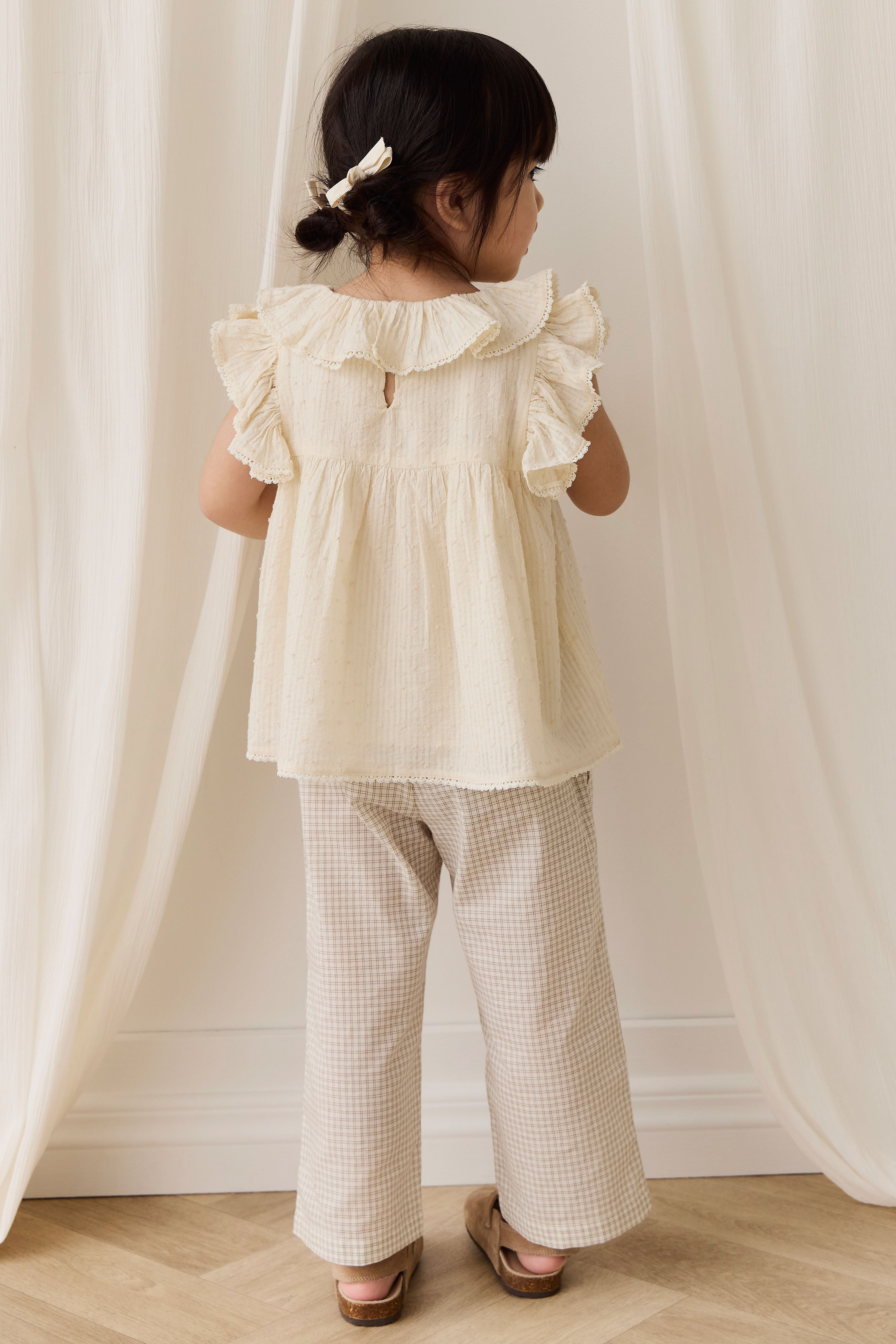 Pantalon décontracté intemporel à carreaux double fenêtre en pacane et coton biologique avec ceinture pour enfants de 6 mois à 8 ans