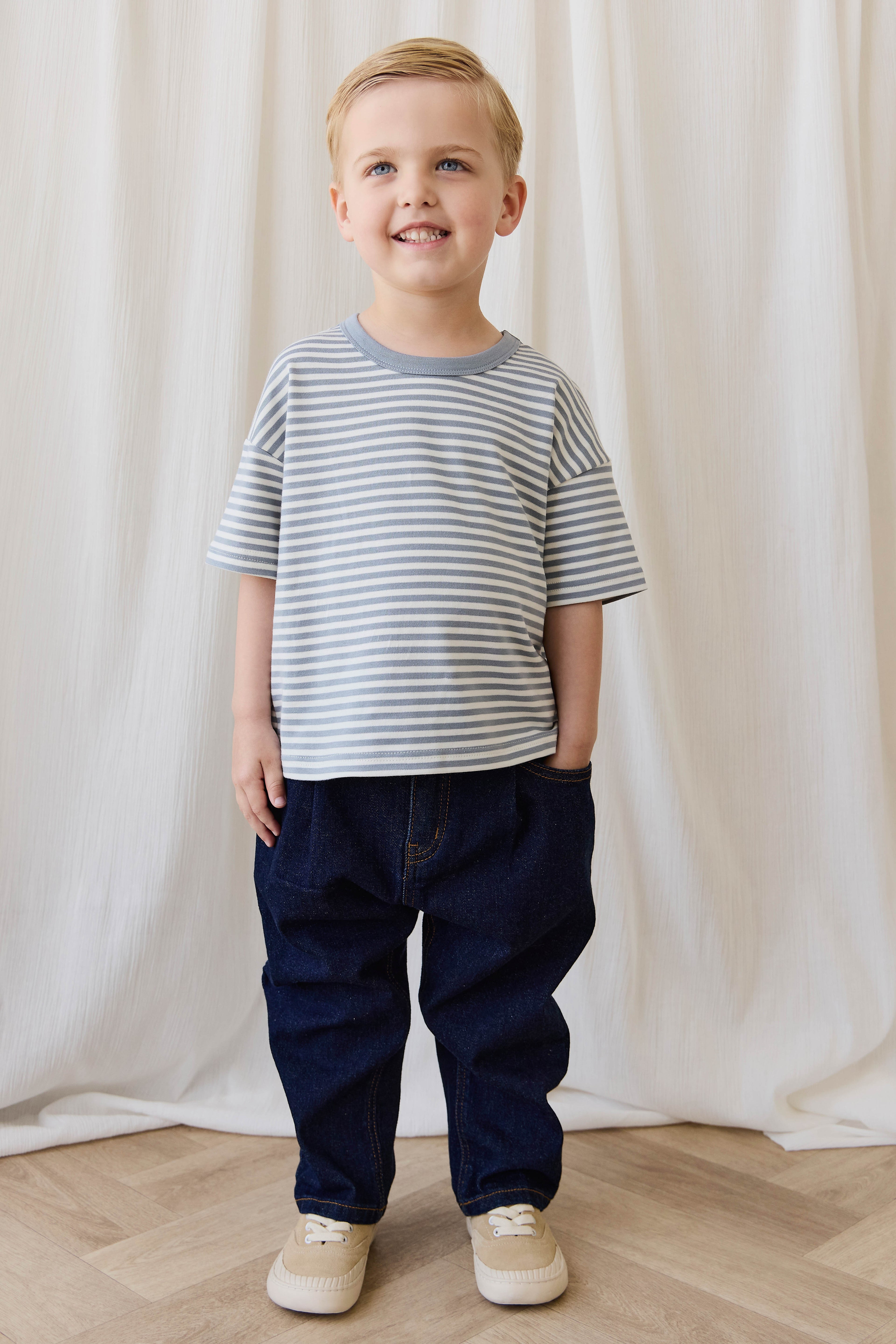 Pantalon fuselé décontracté en jean indigo coton avec taille élastique et poches fonctionnelles pour enfants 6M–8A