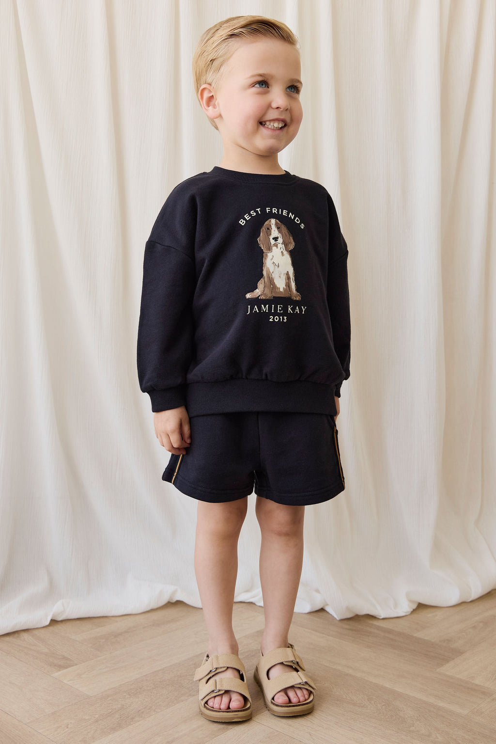 Sweat-shirt ras-du-cou en coton biologique douillet bleu marine avec motif « Best Friends », coupe décontractée pour être superposé, 6 mois-8 ans