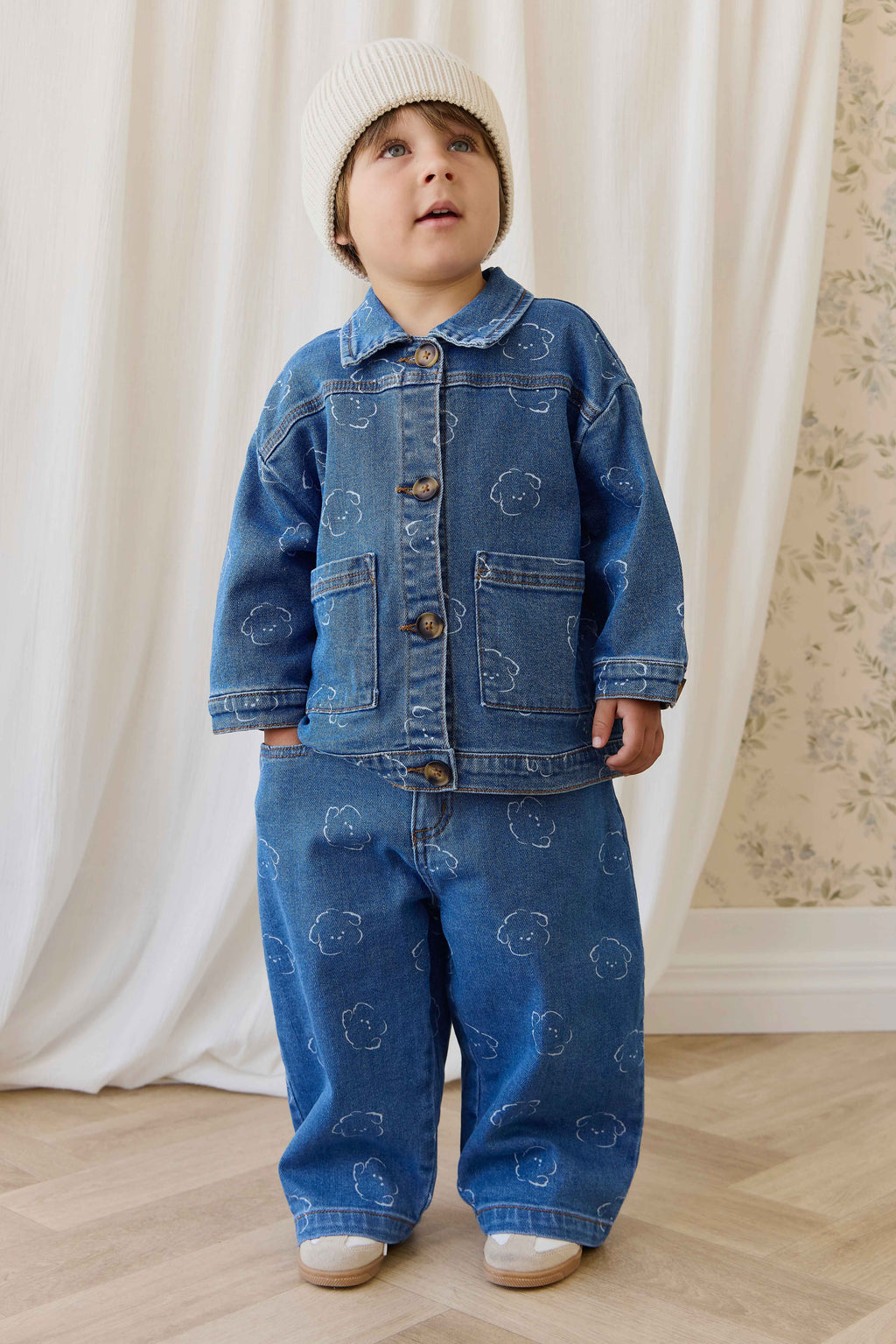 Pantalon Enfant en Coton Denim Bleu Moyen Ludique avec Broderie Ours, Taille Élastique et Poches 6M–8A