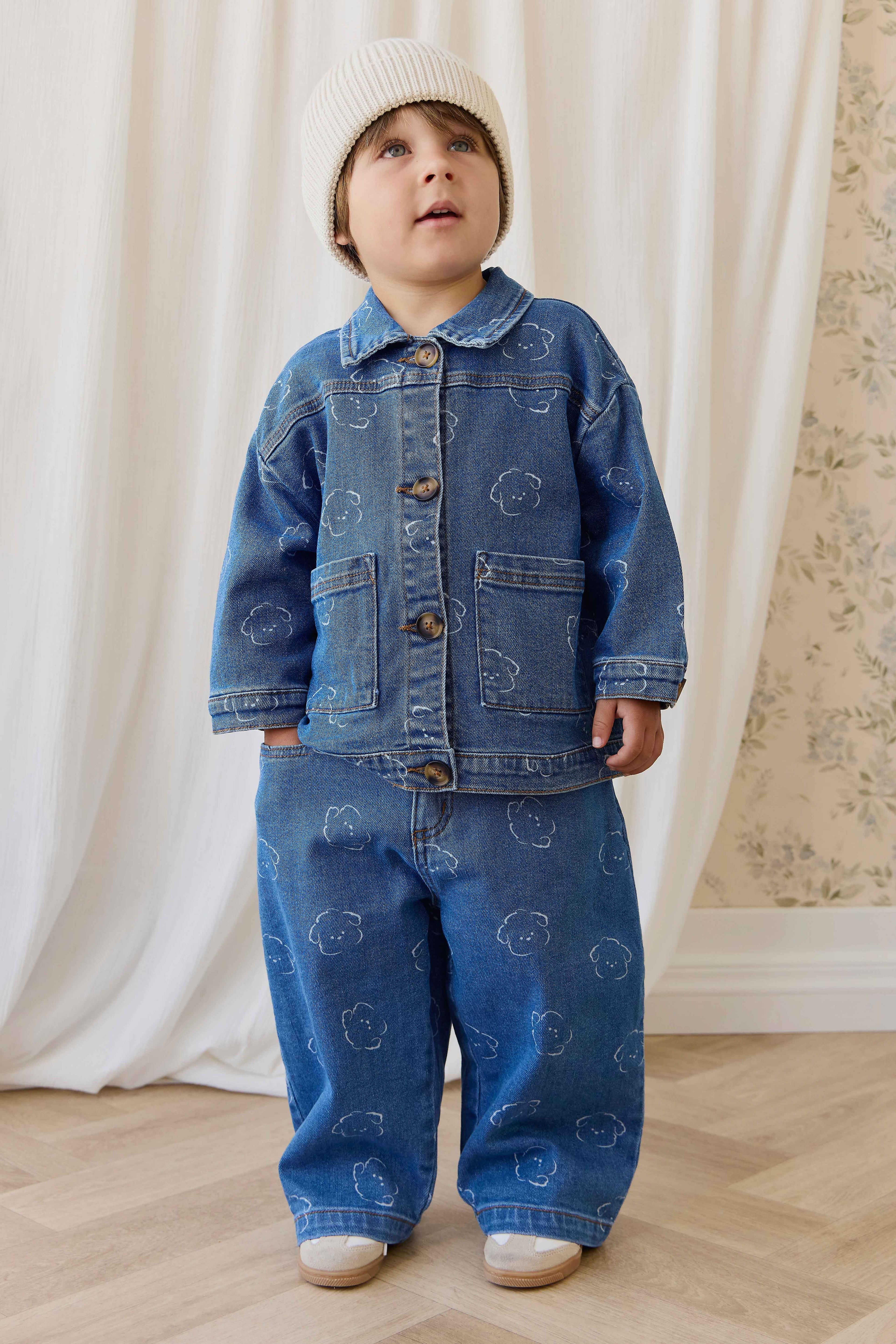Pantalon Enfant en Coton Denim Bleu Moyen Ludique avec Broderie Ours, Taille Élastique et Poches 6M–8A