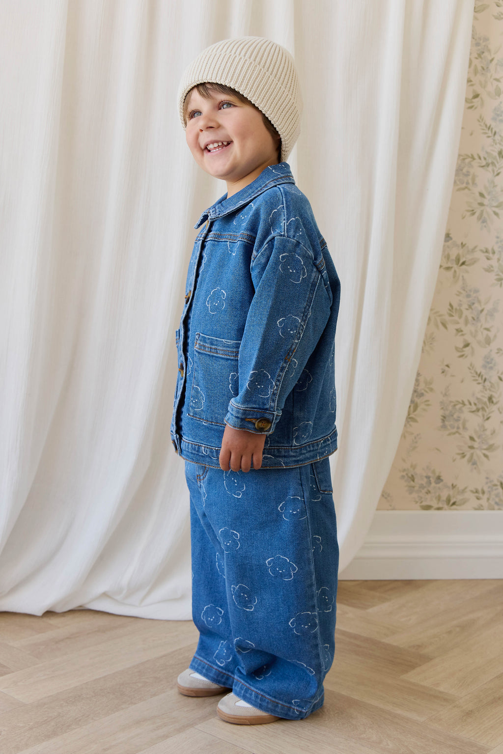 Pantalon Enfant en Coton Denim Bleu Moyen Ludique avec Broderie Ours, Taille Élastique et Poches 6M–8A