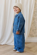Pantalon Enfant en Coton Denim Bleu Moyen Ludique avec Broderie Ours, Taille Élastique et Poches 6M–8A