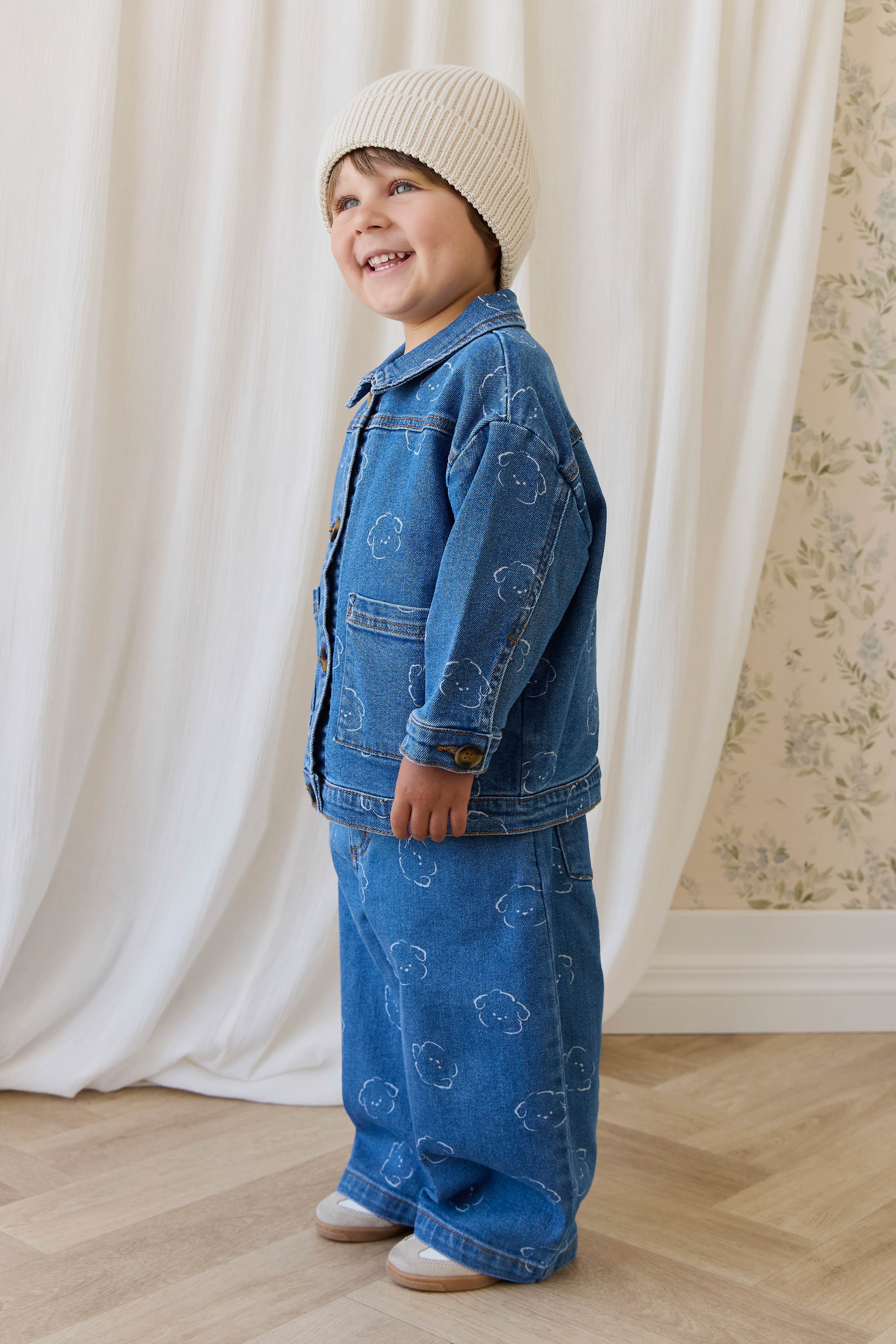 Pantalon Enfant en Coton Denim Bleu Moyen Ludique avec Broderie Ours, Taille Élastique et Poches 6M–8A