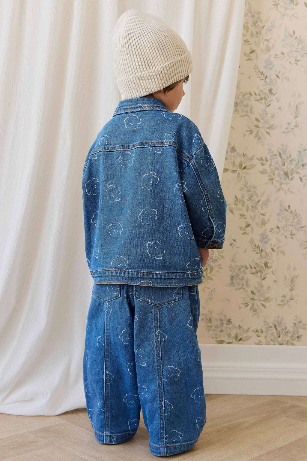 Pantalon Enfant en Coton Denim Bleu Moyen Ludique avec Broderie Ours, Taille Élastique et Poches 6M–8A