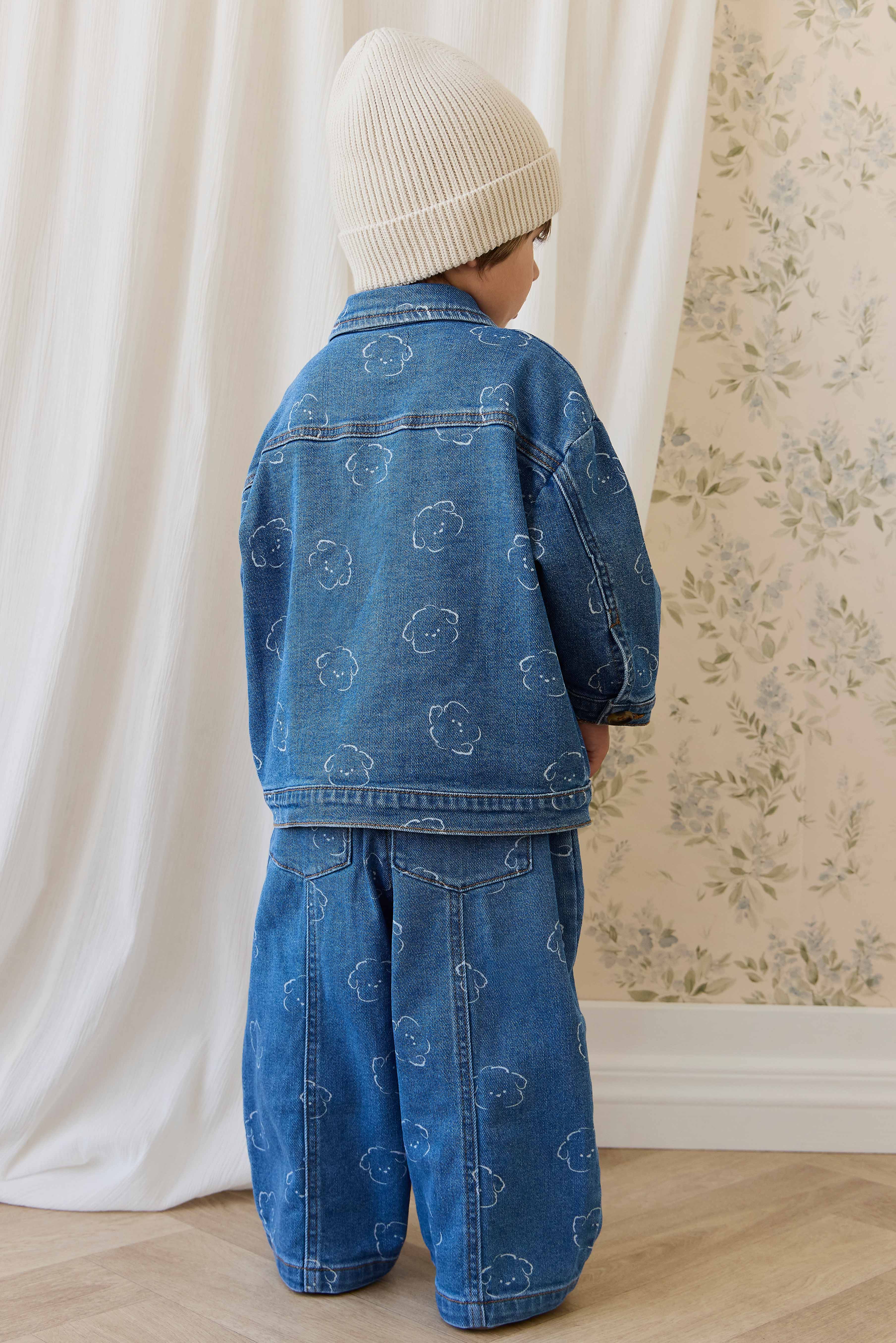 Pantalon Enfant en Coton Denim Bleu Moyen Ludique avec Broderie Ours, Taille Élastique et Poches 6M–8A