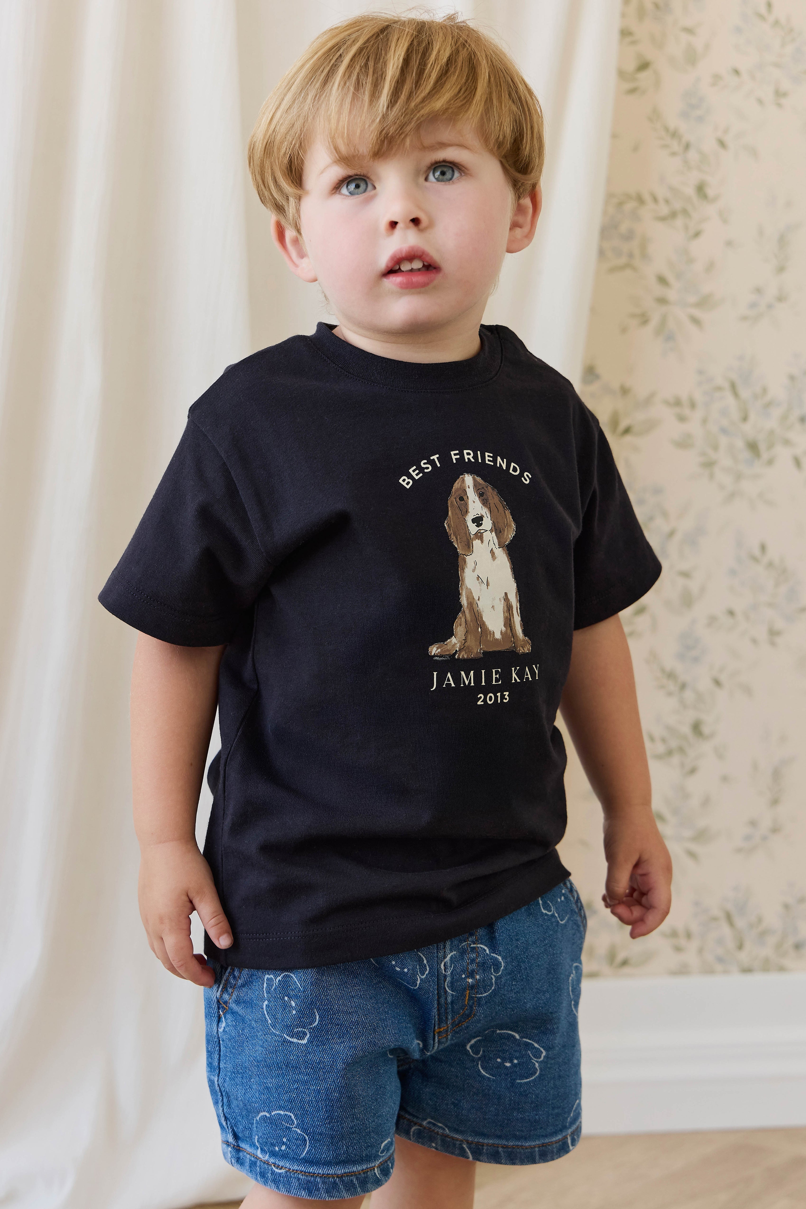 T-shirt décontracté en coton biologique à manches courtes pour enfants de 6 mois à 8 ans, bleu marine foncé, avec motif « Best Friends » et coupe décontractée