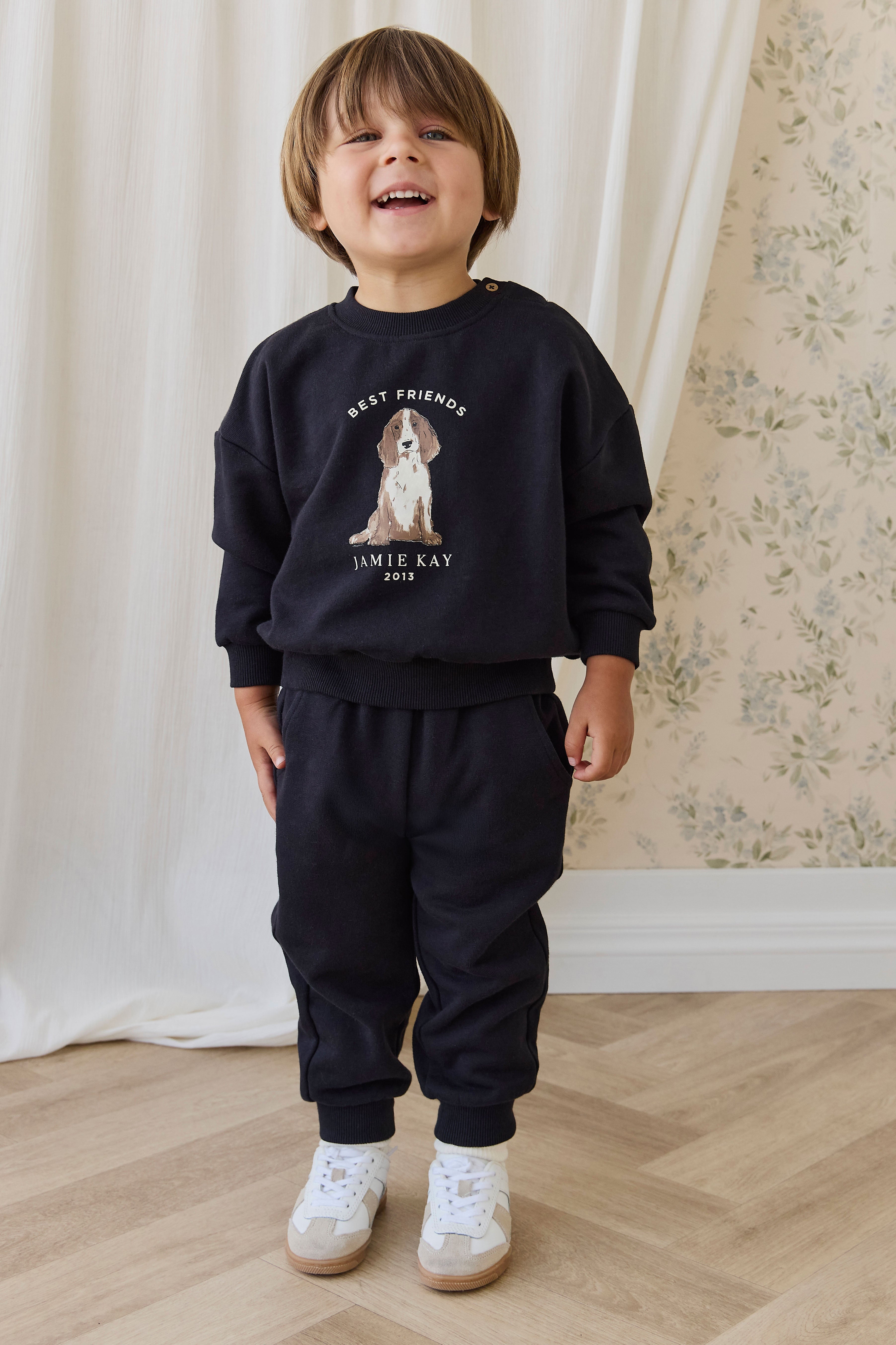 Sweat-shirt ras-du-cou en coton biologique douillet bleu marine avec motif « Best Friends », coupe décontractée pour être superposé, 6 mois-8 ans