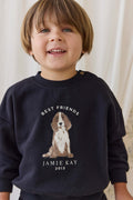 Sweat-shirt ras-du-cou en coton biologique douillet bleu marine avec motif « Best Friends », coupe décontractée pour être superposé, 6 mois-8 ans