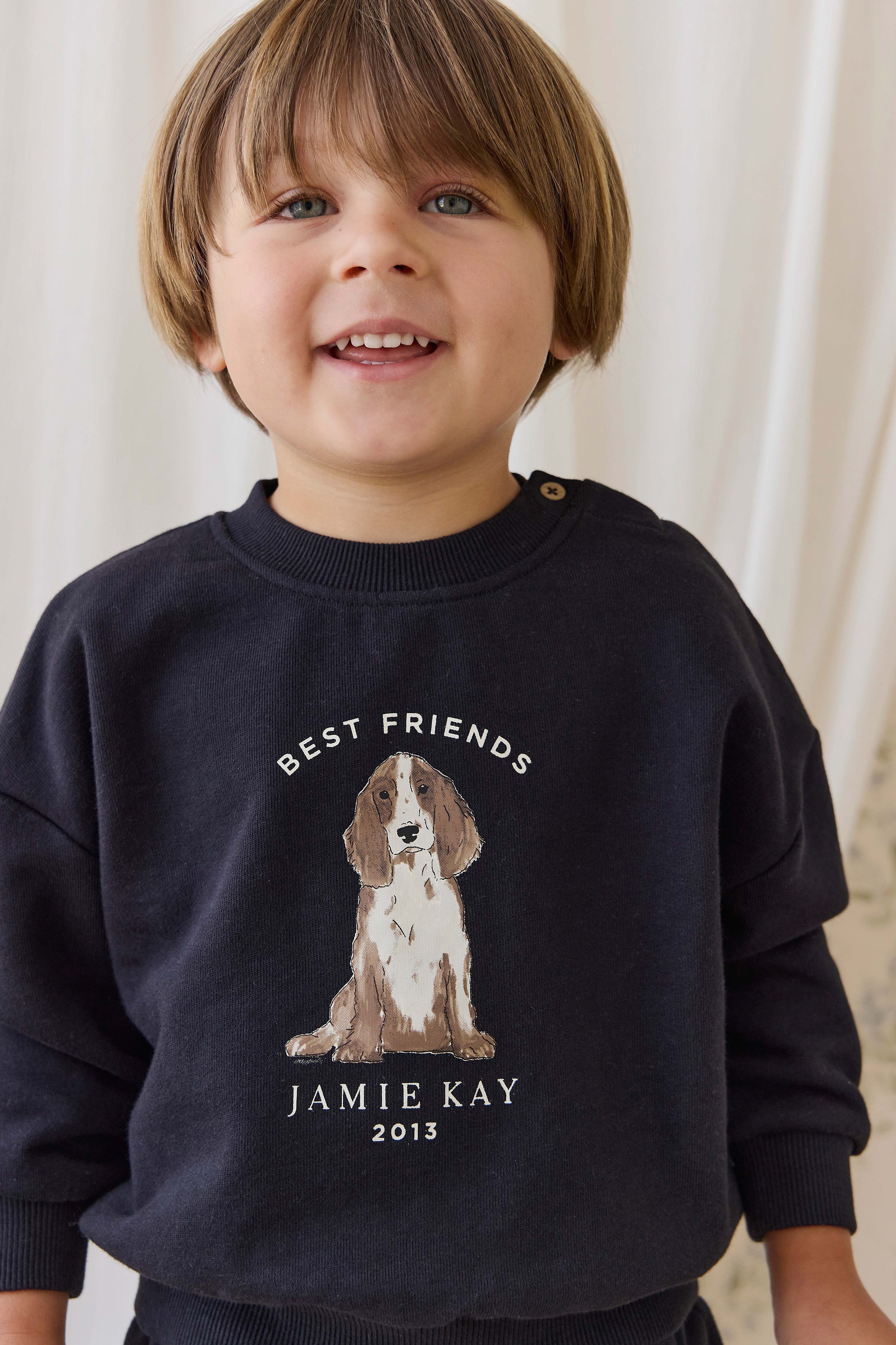 Sweat-shirt ras-du-cou en coton biologique douillet bleu marine avec motif « Best Friends », coupe décontractée pour être superposé, 6 mois-8 ans