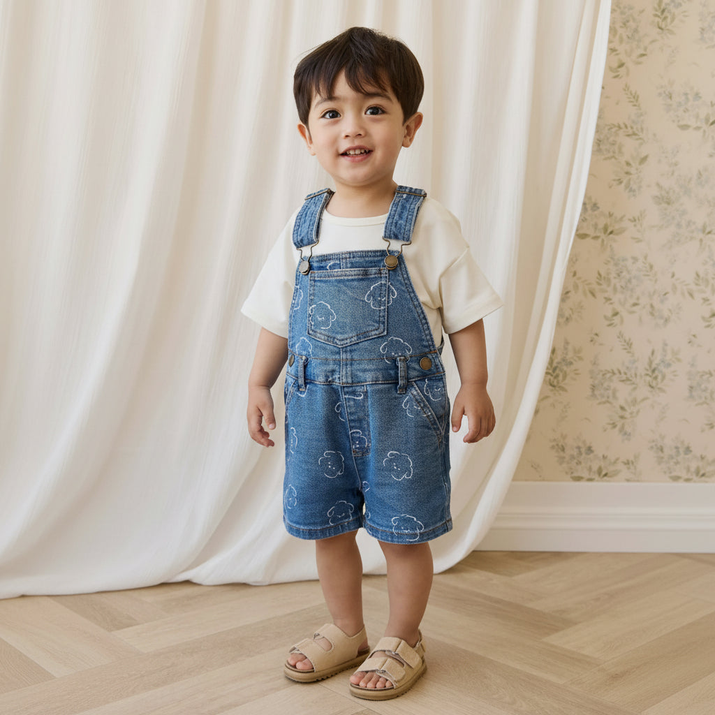 Salopette Courte en Jean Bleu Ciel Imprimé Nuages en Coton avec Bretelles Réglables et Boutons Pression pour Enfants 6M–8A