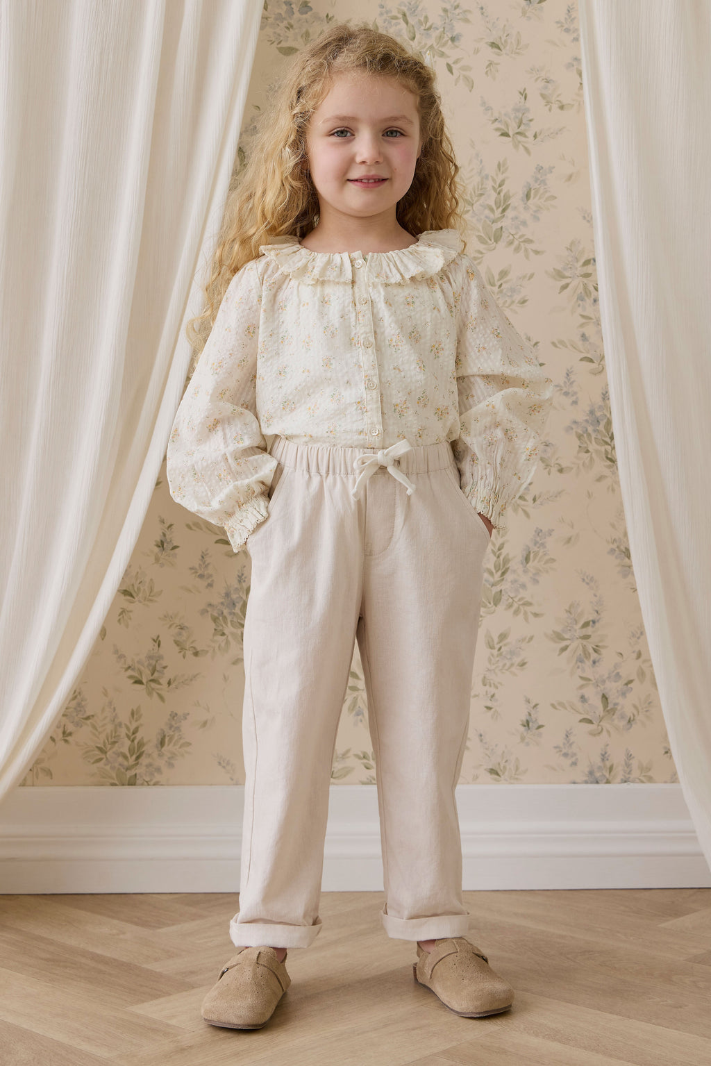 Pantalon droit décontracté en lin et coton avec taille élastique pour le confort quotidien 6M–10A