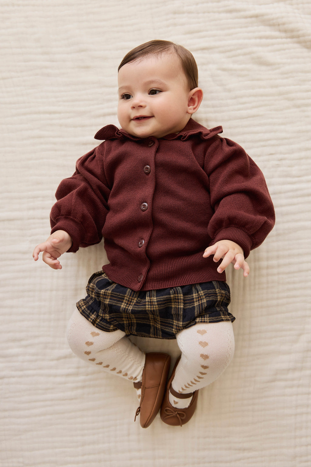 Bloomer à volants en coton biologique à carreaux classiques couleur Terre de sous-bois avec taille élastique pour bébés de 0 à 3 ans