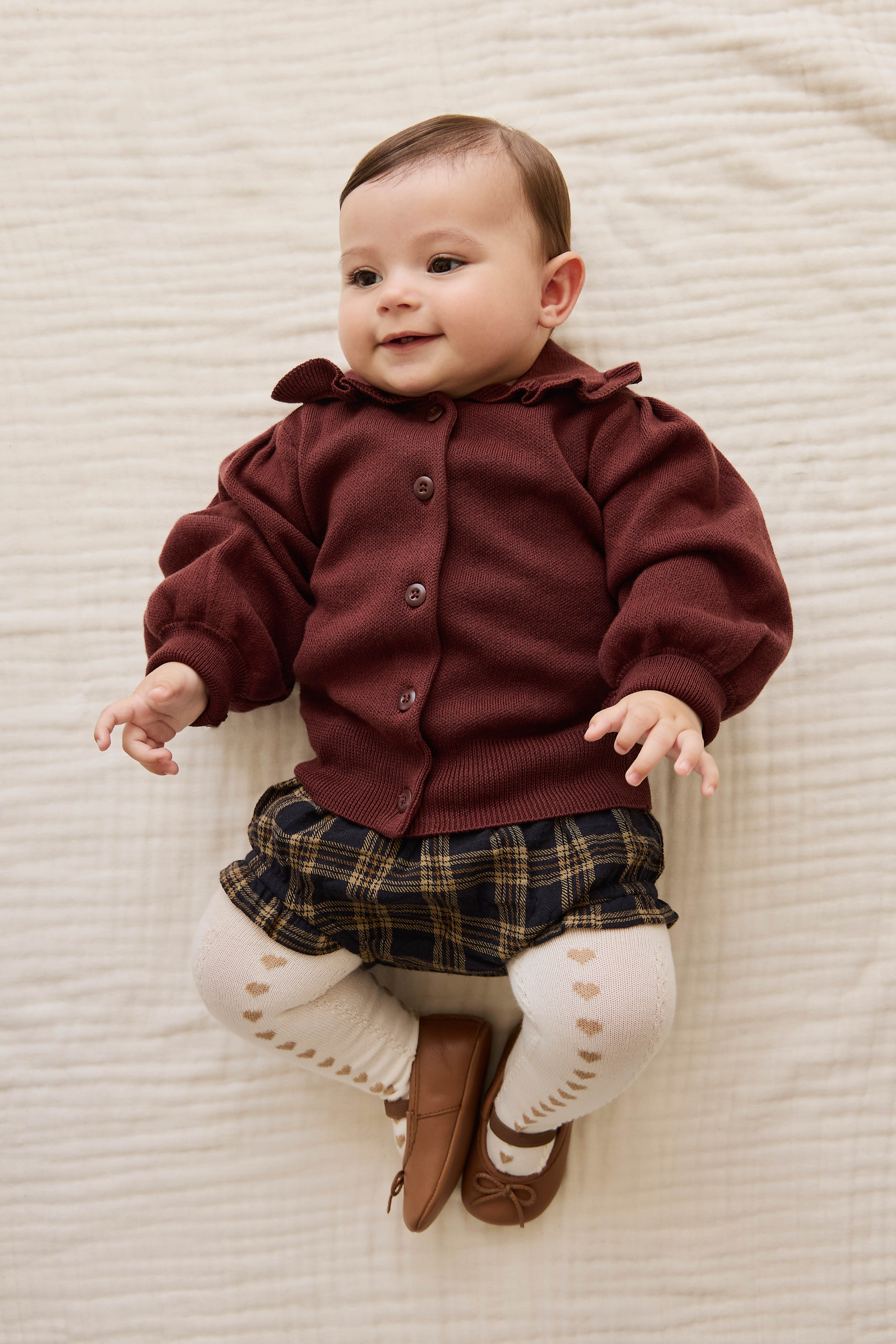 Bloomer à volants en coton biologique à carreaux classiques couleur Terre de sous-bois avec taille élastique pour bébés de 0 à 3 ans