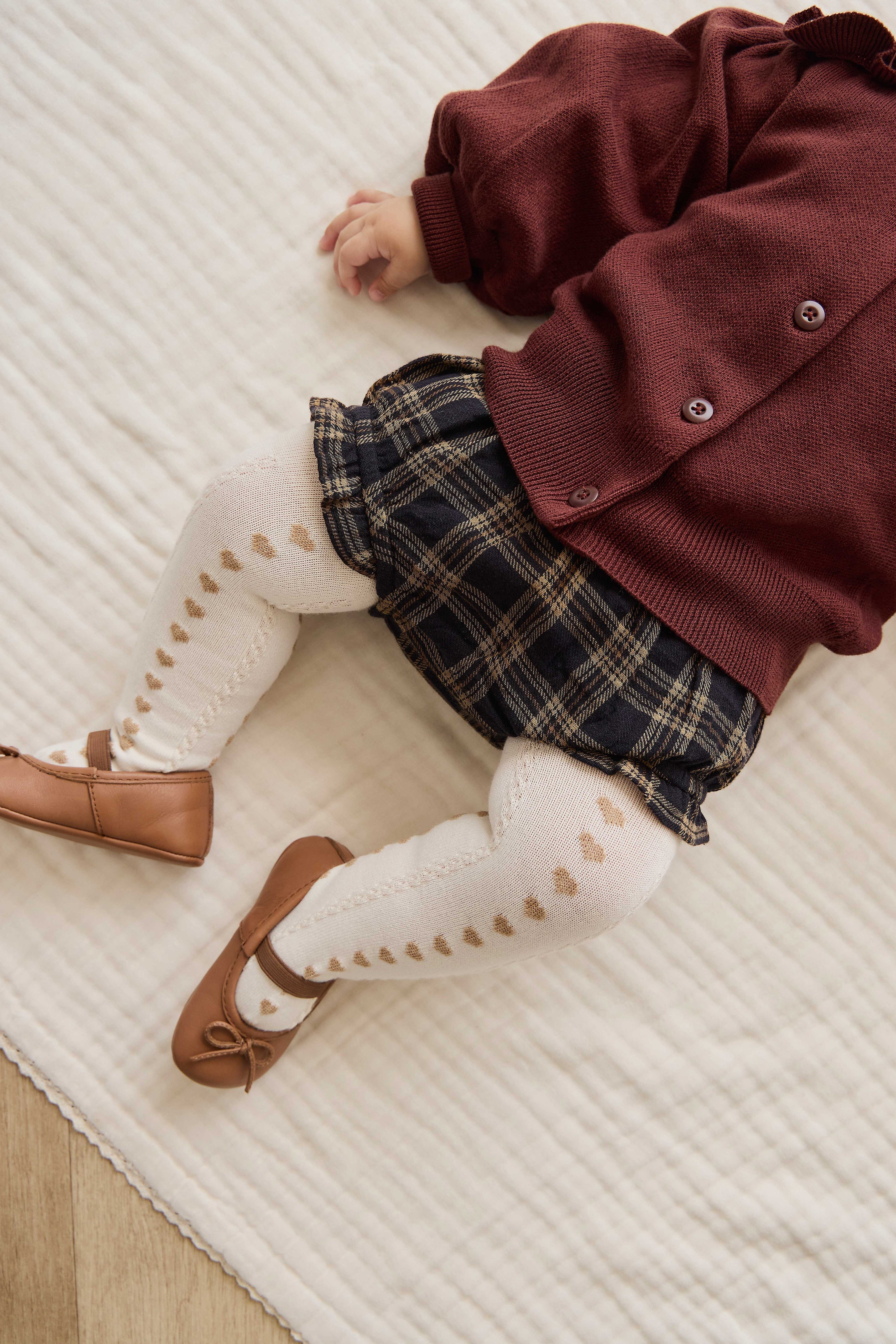 Bloomer à volants en coton biologique à carreaux classiques couleur Terre de sous-bois avec taille élastique pour bébés de 0 à 3 ans