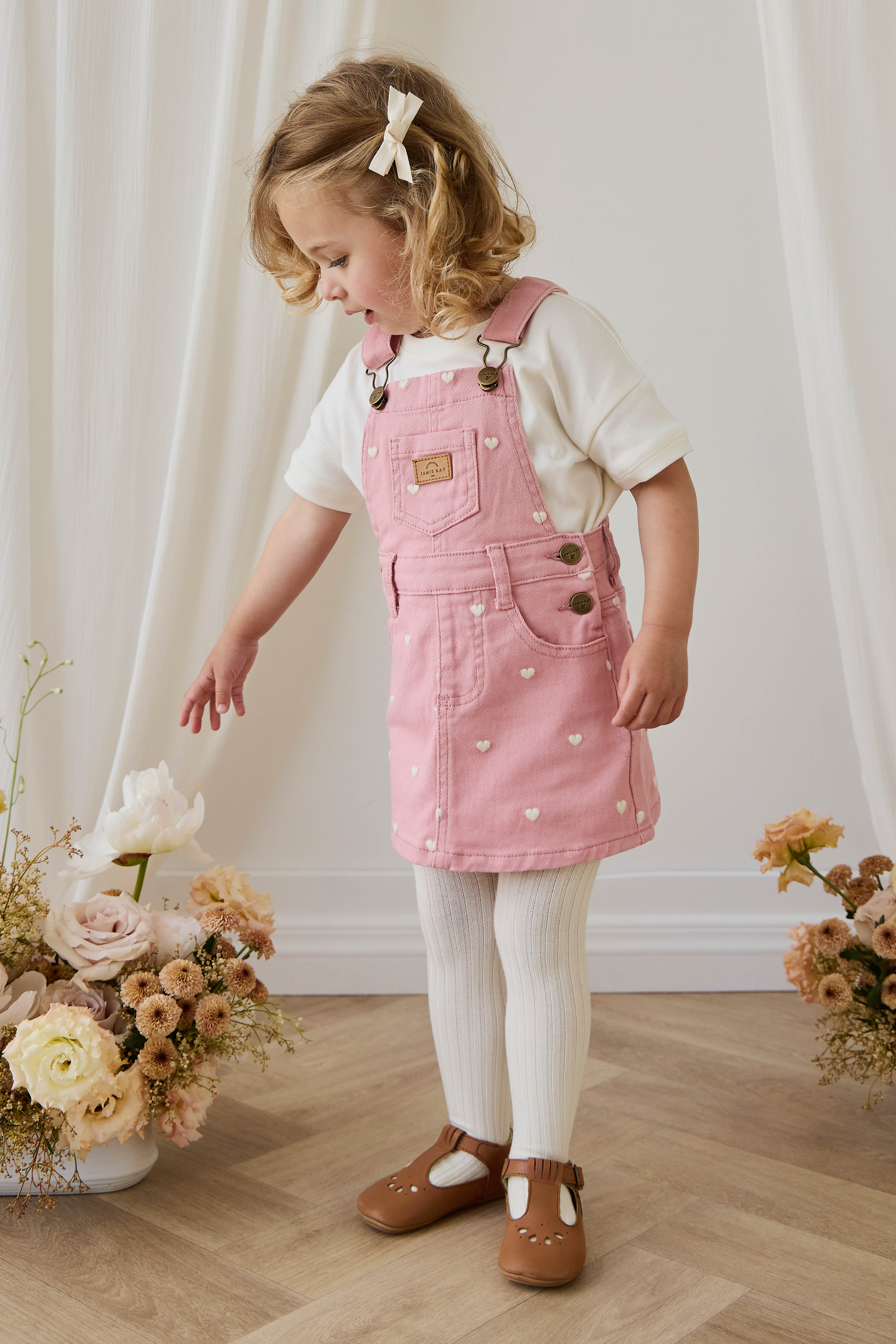 Robe salopette classique en coton-élasthanne à imprimé cœurs roses avec bretelles réglables pour filles 6M-8Y