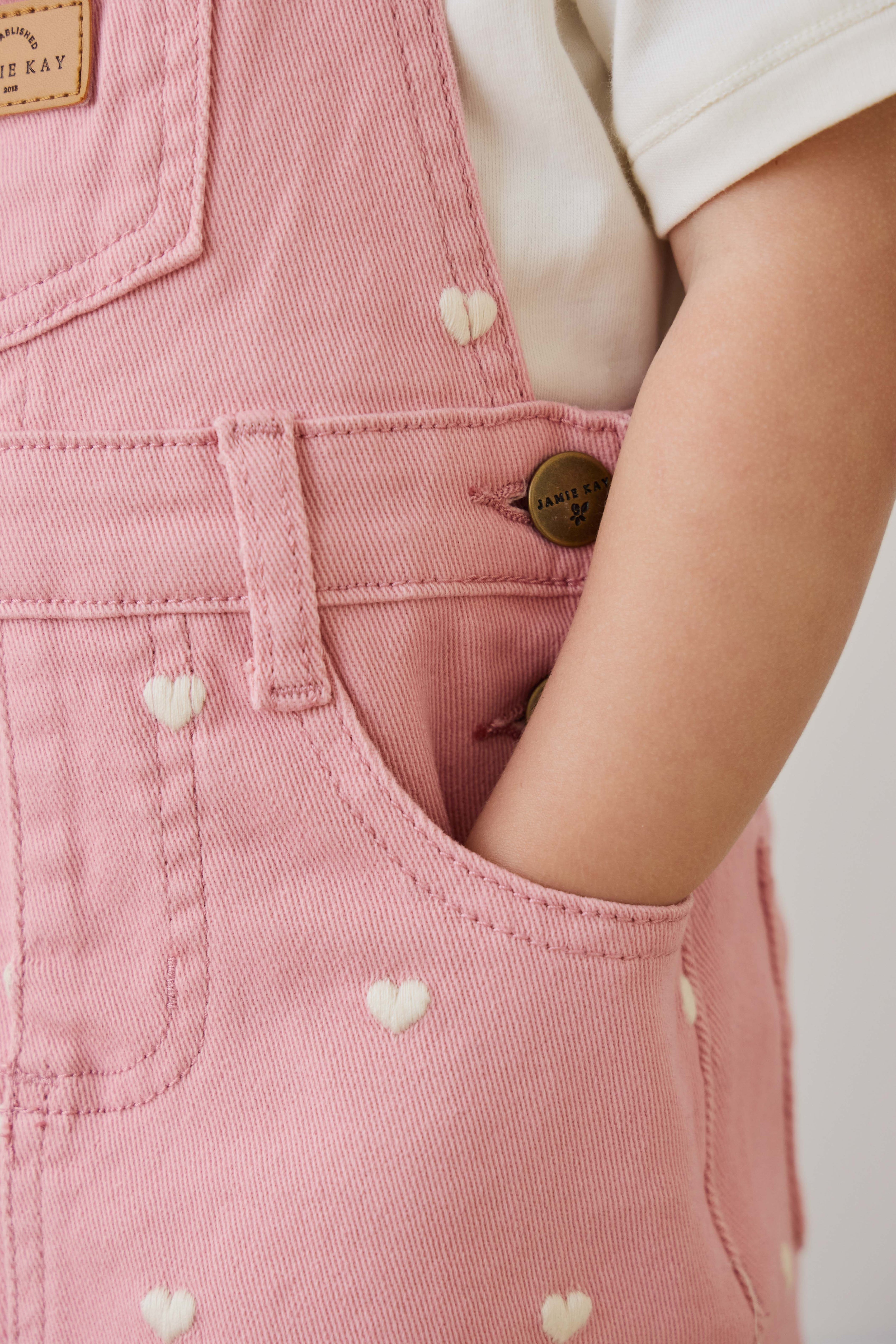 Robe salopette classique en coton-élasthanne à imprimé cœurs roses avec bretelles réglables pour filles 6M-8Y