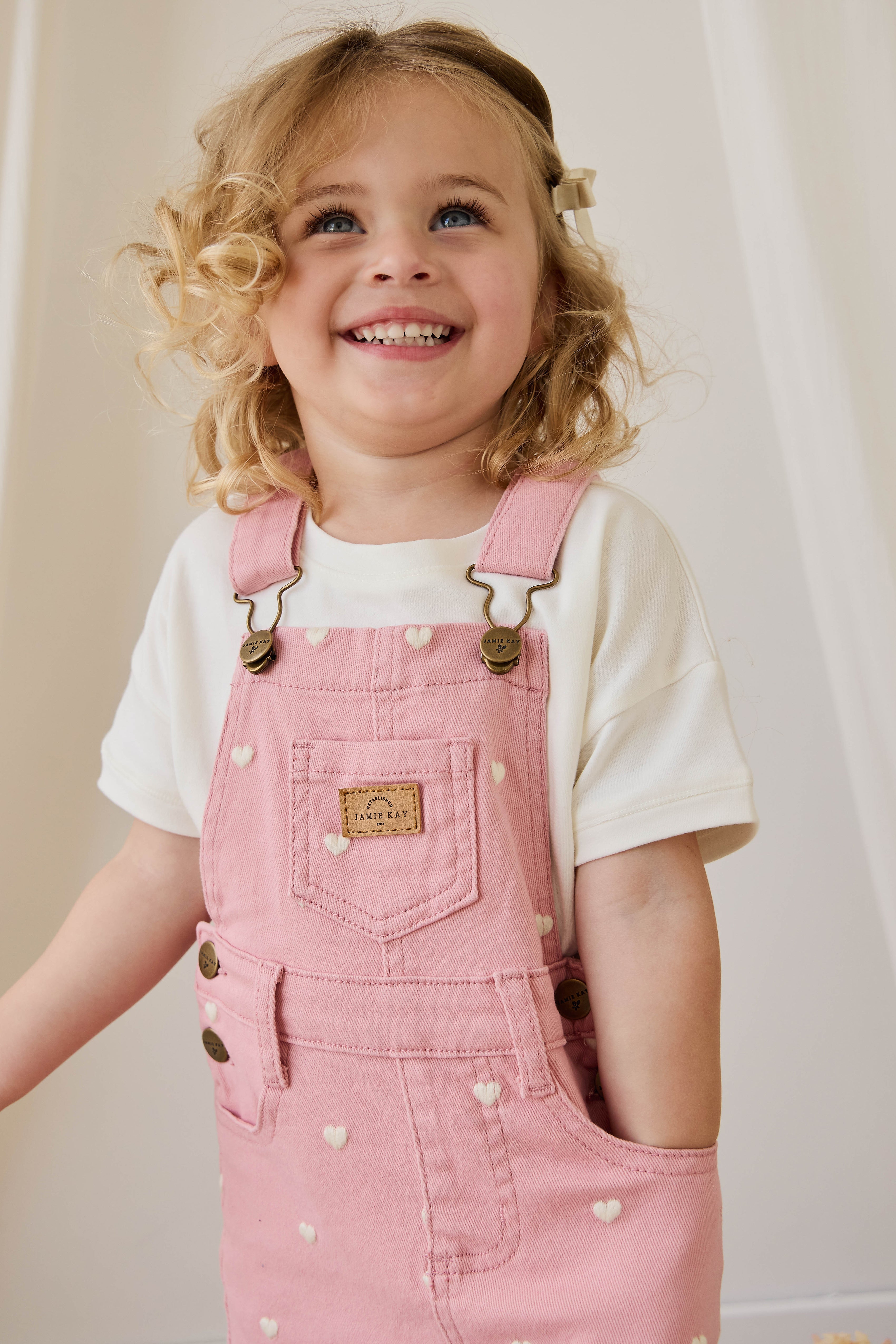 Robe salopette classique en coton-élasthanne à imprimé cœurs roses avec bretelles réglables pour filles 6M-8Y