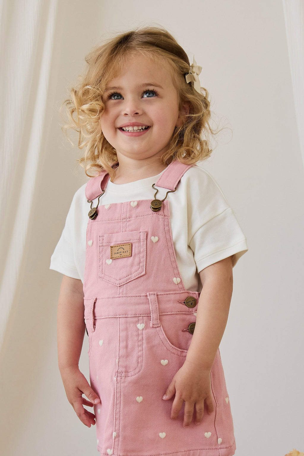 Robe salopette classique en coton-élasthanne à imprimé cœurs roses avec bretelles réglables pour filles 6M-8Y