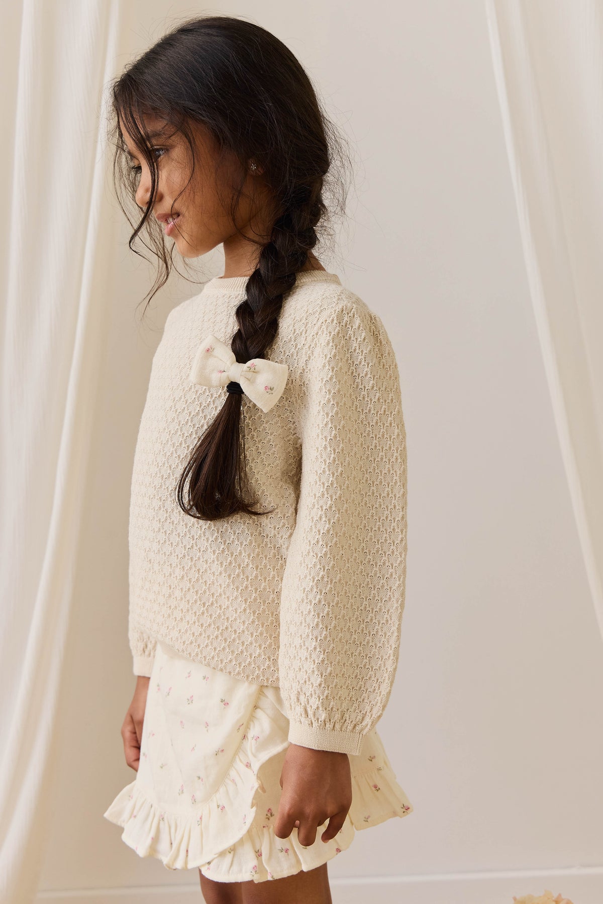Jupe cache-cœur en mousseline de coton biologique  avec ourlet à volants et nœud latéral pour filles de 1 à 10 ans