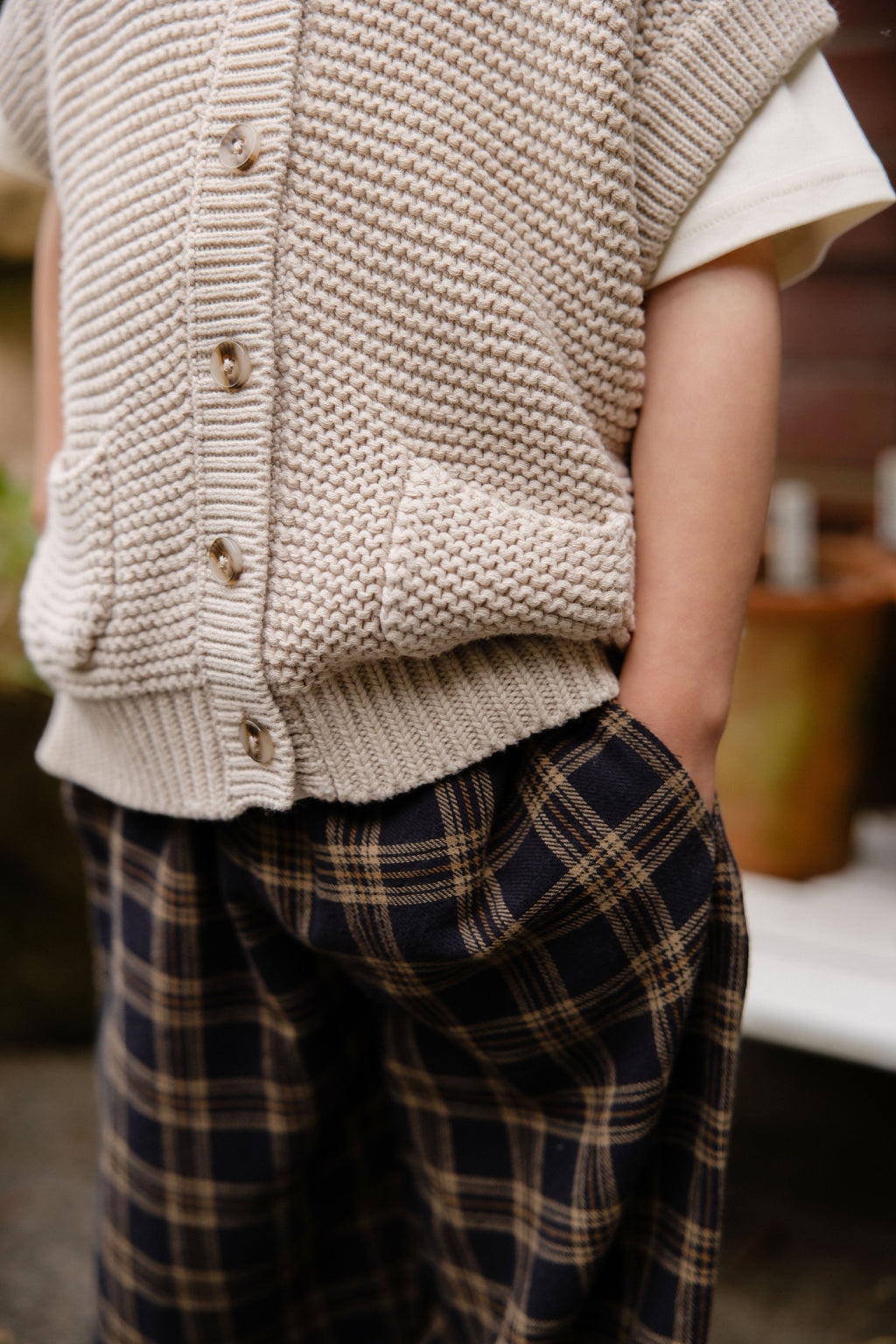 Pantalon décontracté en coton biologique à carreaux classiques couleur terre, avec lien décoratif à la taille, pour enfants de 6 mois à 8 ans