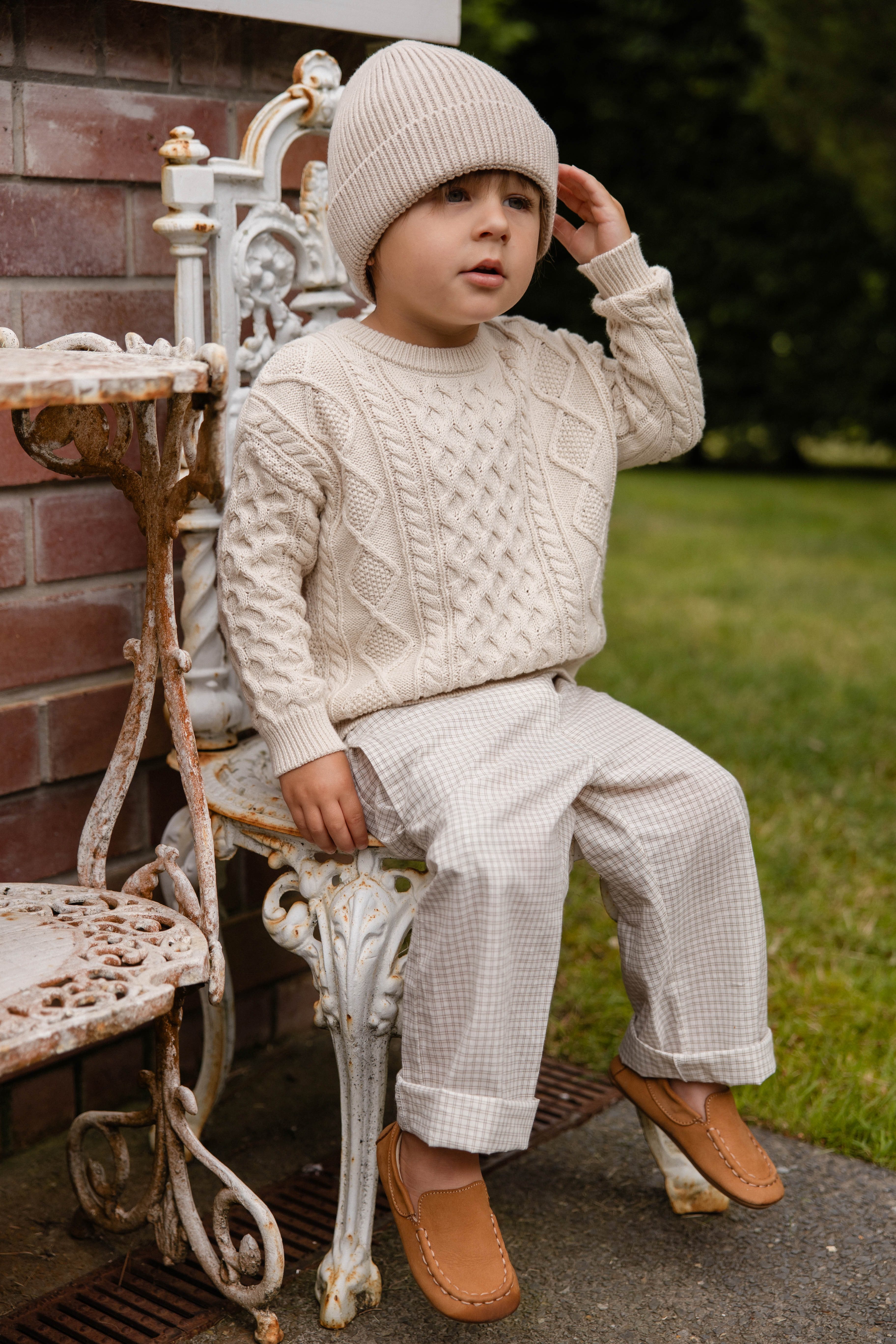 Pantalon décontracté intemporel à carreaux double fenêtre en pacane et coton biologique avec ceinture pour enfants de 6 mois à 8 ans