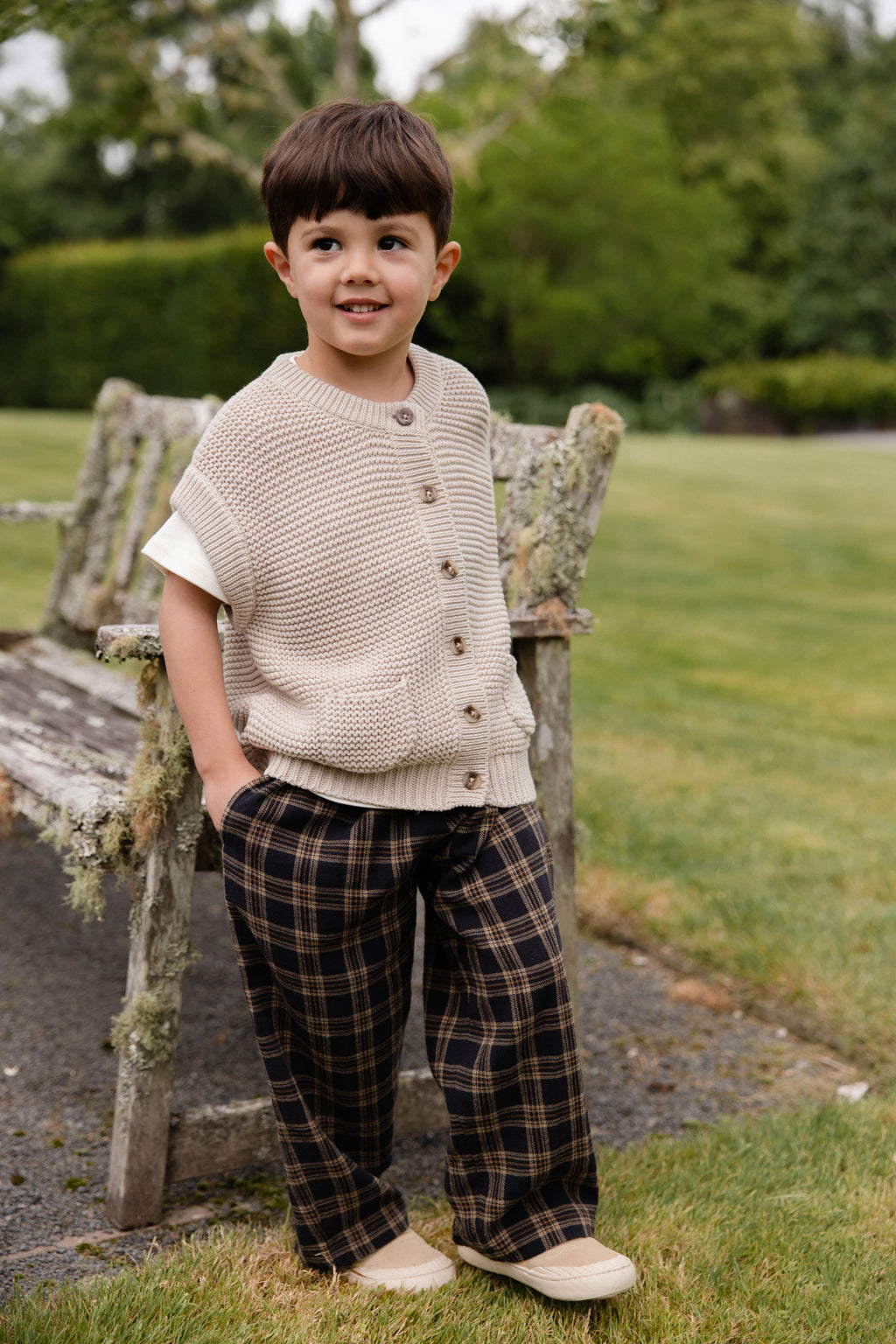 Pantalon décontracté en coton biologique à carreaux classiques couleur terre, avec lien décoratif à la taille, pour enfants de 6 mois à 8 ans