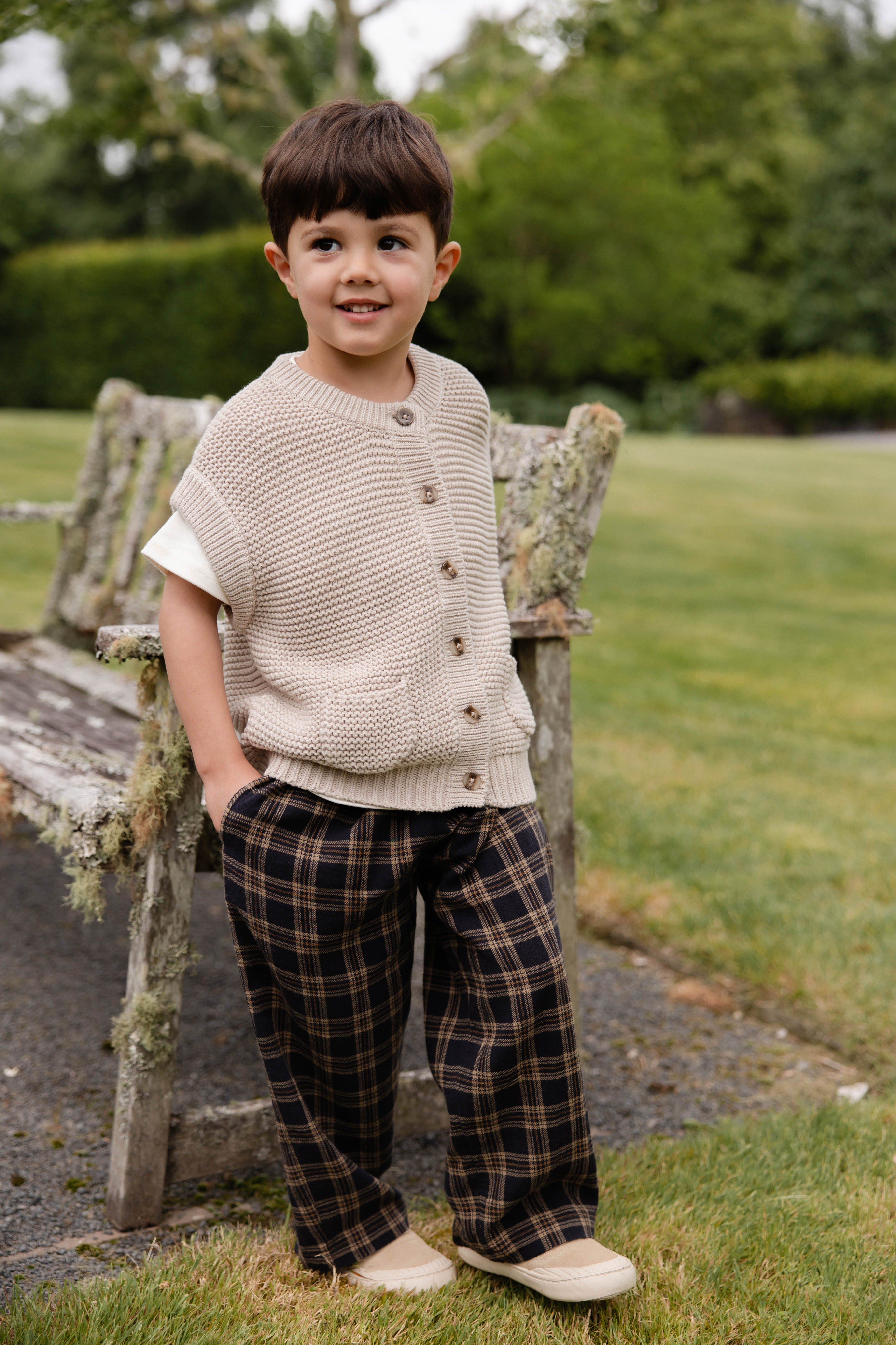 Pantalon décontracté en coton biologique à carreaux classiques couleur terre, avec lien décoratif à la taille, pour enfants de 6 mois à 8 ans
