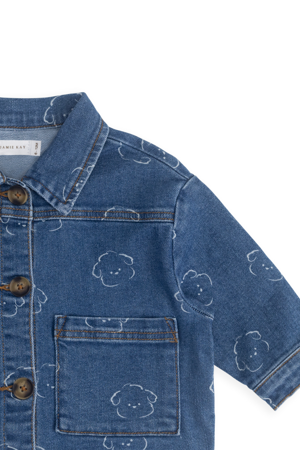 Veste décontractée en jean bleu moyen avec imprimé ours, boutonnée sur le devant et dotée de poches plaquées pour enfants de 6 mois à 8 ans