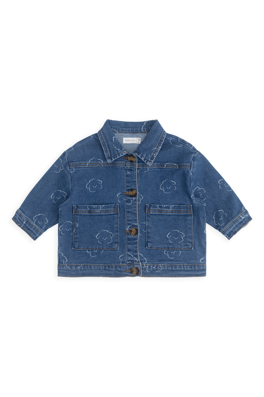Veste décontractée en jean bleu moyen avec imprimé ours, boutonnée sur le devant et dotée de poches plaquées pour enfants de 6 mois à 8 ans