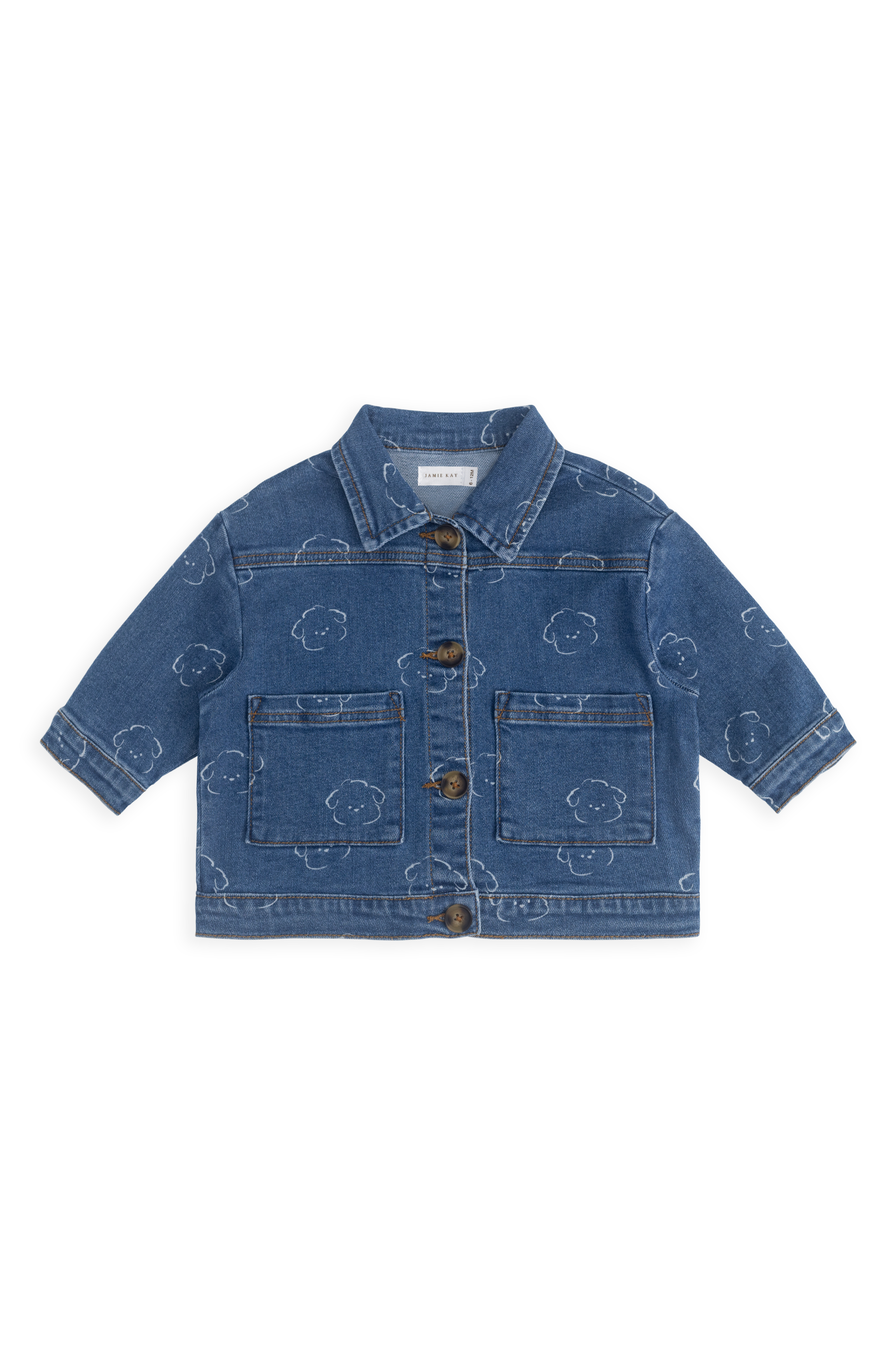Veste décontractée en jean bleu moyen avec imprimé ours, boutonnée sur le devant et dotée de poches plaquées pour enfants de 6 mois à 8 ans