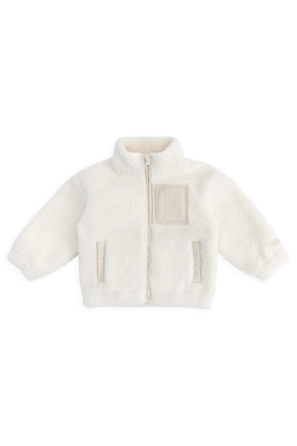 Veste douillette en sherpa polaire polyester recyclé naturel avec col montant et fermeture éclair pour les journées froides 6M–8Y