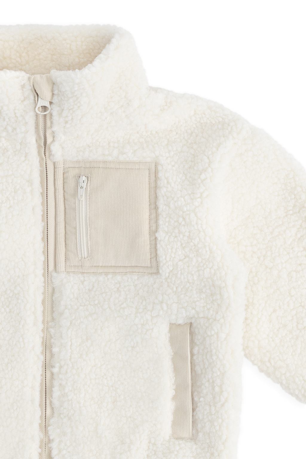Veste douillette en sherpa polaire polyester recyclé naturel avec col montant et fermeture éclair pour les journées froides 6M–8Y