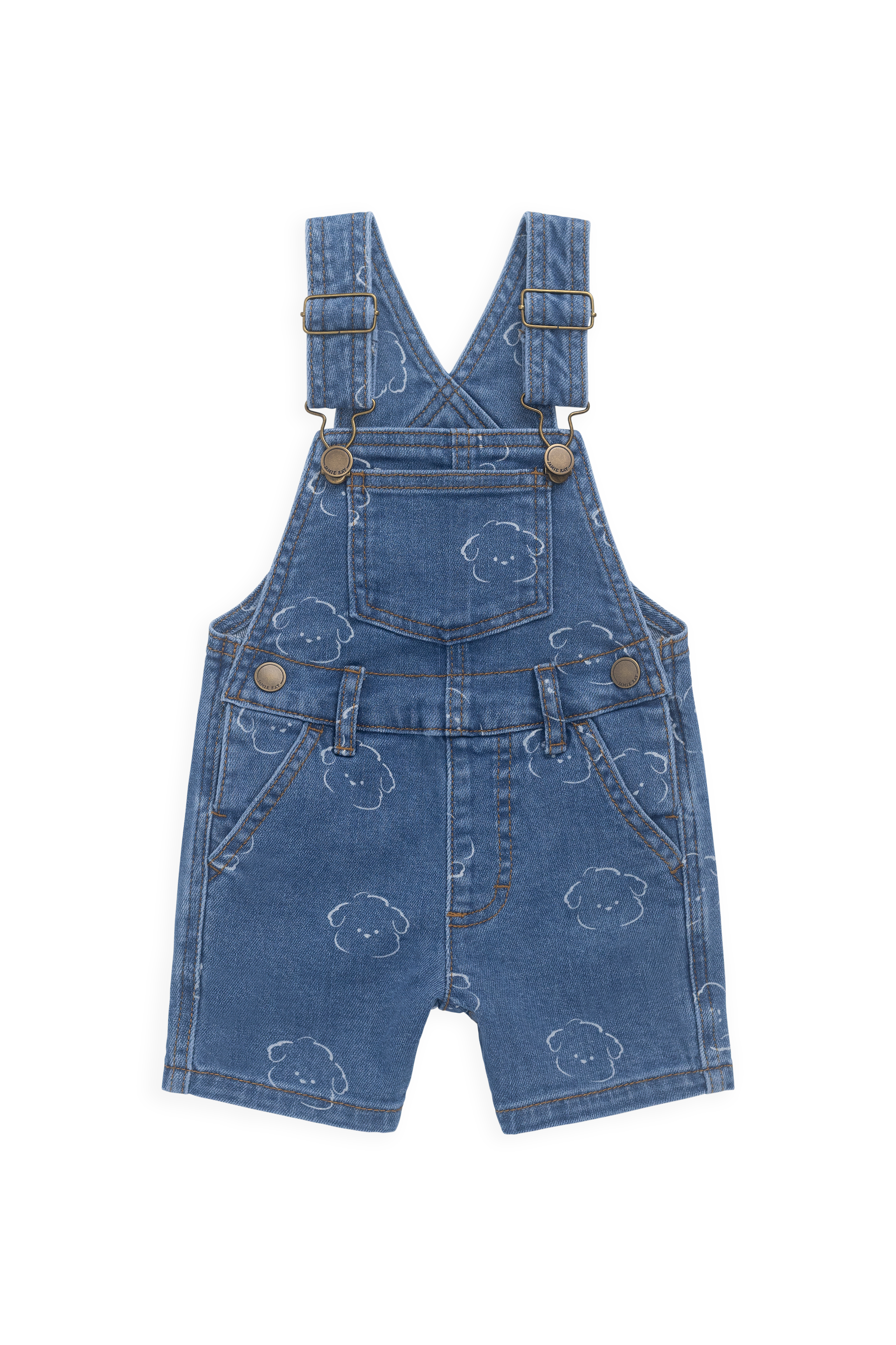 Salopette Courte en Jean Bleu Ciel Imprimé Nuages en Coton avec Bretelles Réglables et Boutons Pression pour Enfants 6M–8A