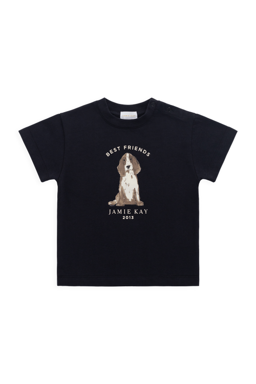 T-shirt décontracté en coton biologique à manches courtes pour enfants de 6 mois à 8 ans, bleu marine foncé, avec motif « Best Friends » et coupe décontractée
