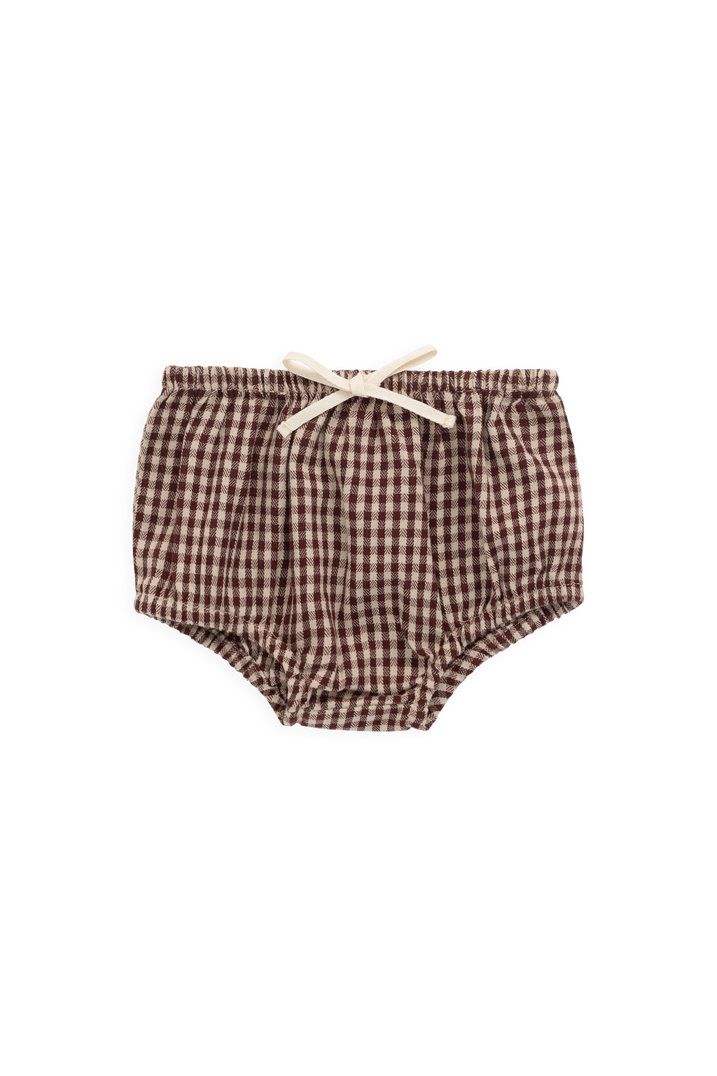 Bloomer-short en coton biologique vichy cannelle, avec taille élastiquée et détail nœud, pour bébés de 0 à 3 ans
