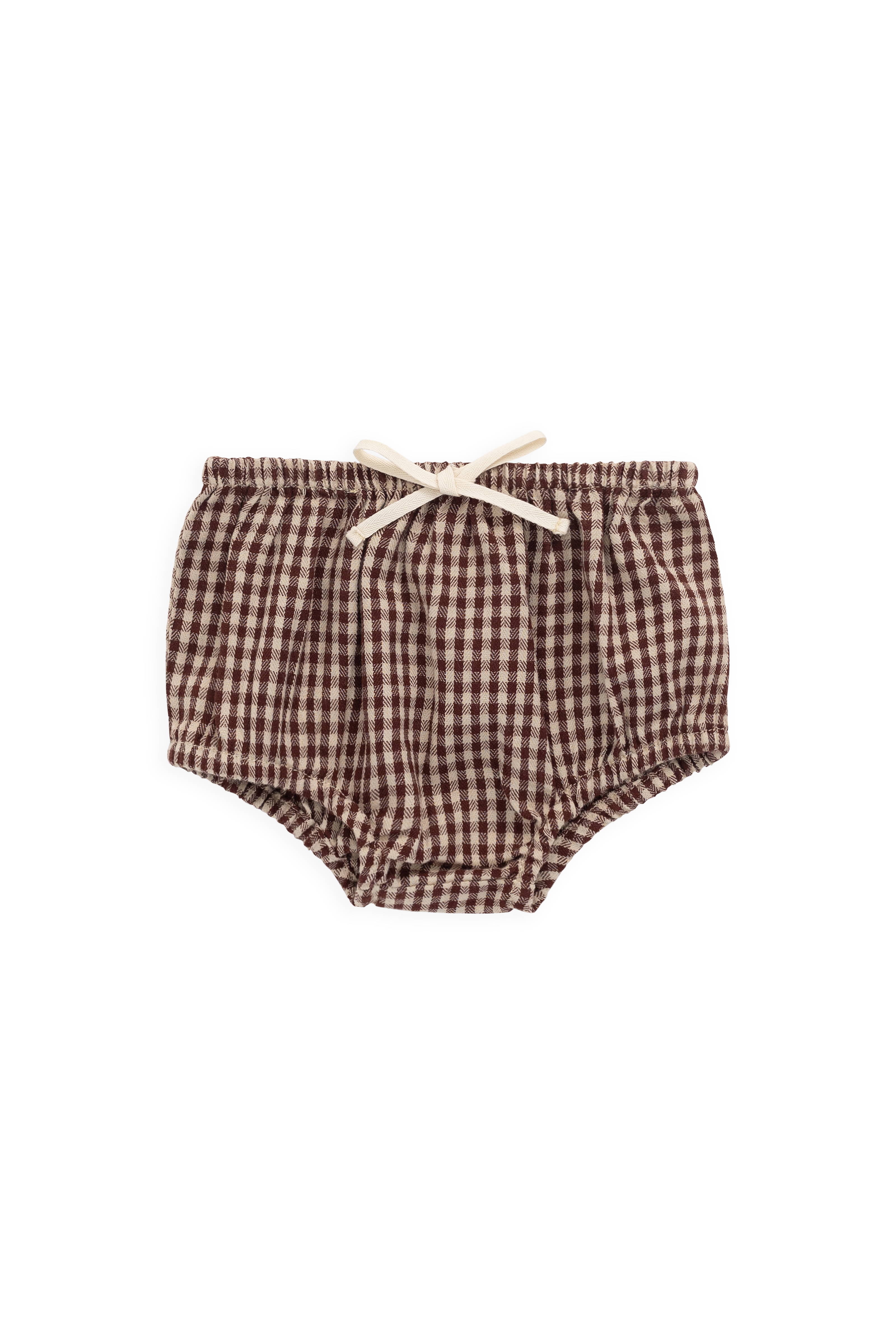 Bloomer-short en coton biologique vichy cannelle, avec taille élastiquée et détail nœud, pour bébés de 0 à 3 ans