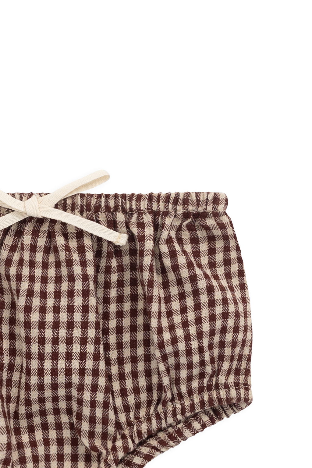 Bloomer-short en coton biologique vichy cannelle, avec taille élastiquée et détail nœud, pour bébés de 0 à 3 ans