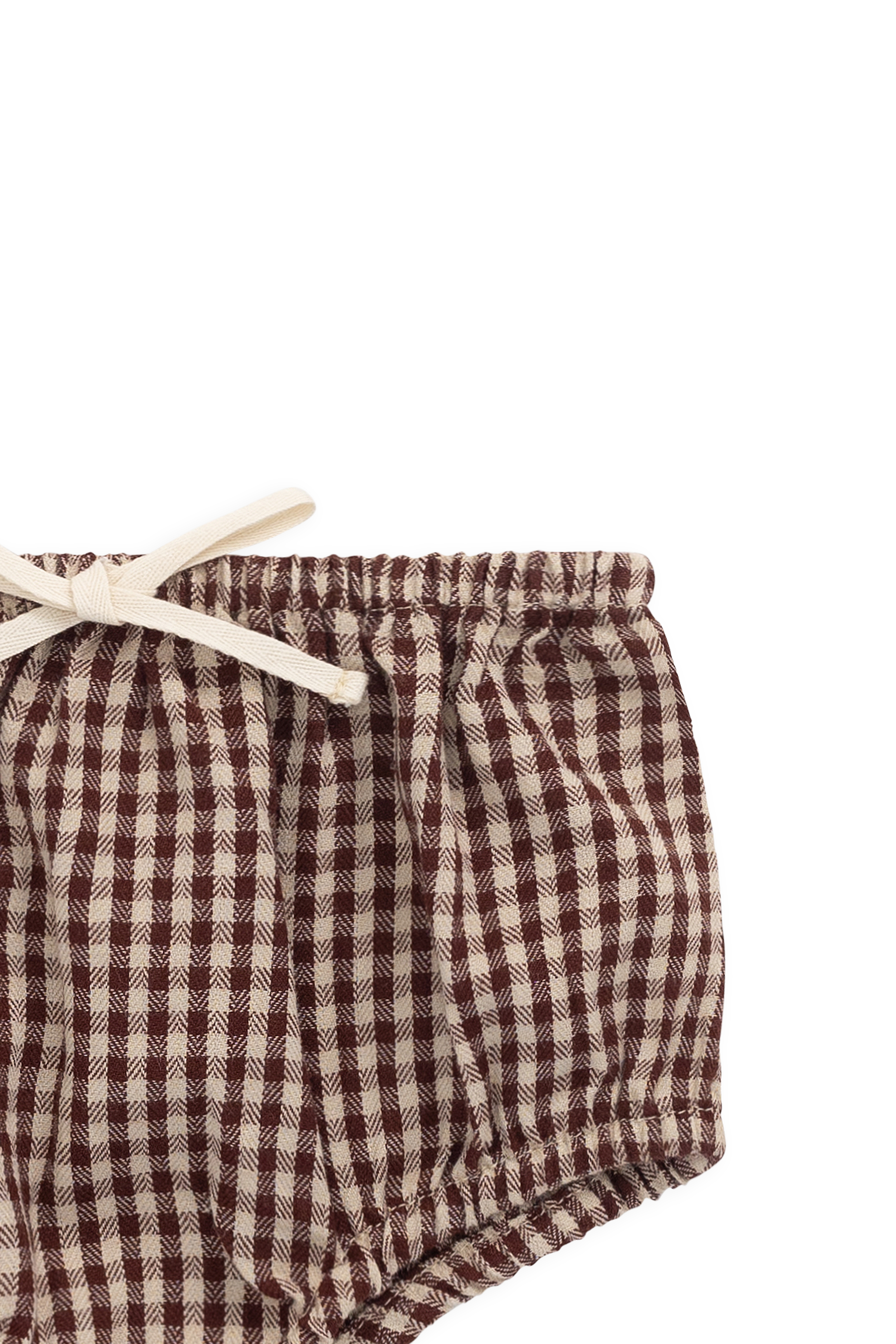 Bloomer-short en coton biologique vichy cannelle, avec taille élastiquée et détail nœud, pour bébés de 0 à 3 ans