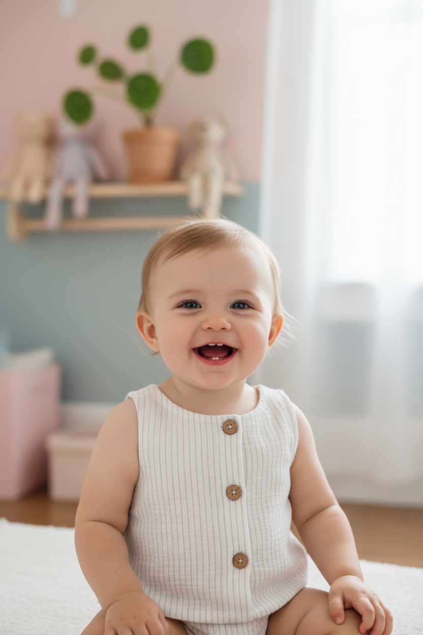 Débardeur sans manches en coton biologique à fines rayures parchemin délicates avec ourlet évasé et boutonnage au dos pour bébés de 0 à 3 ans