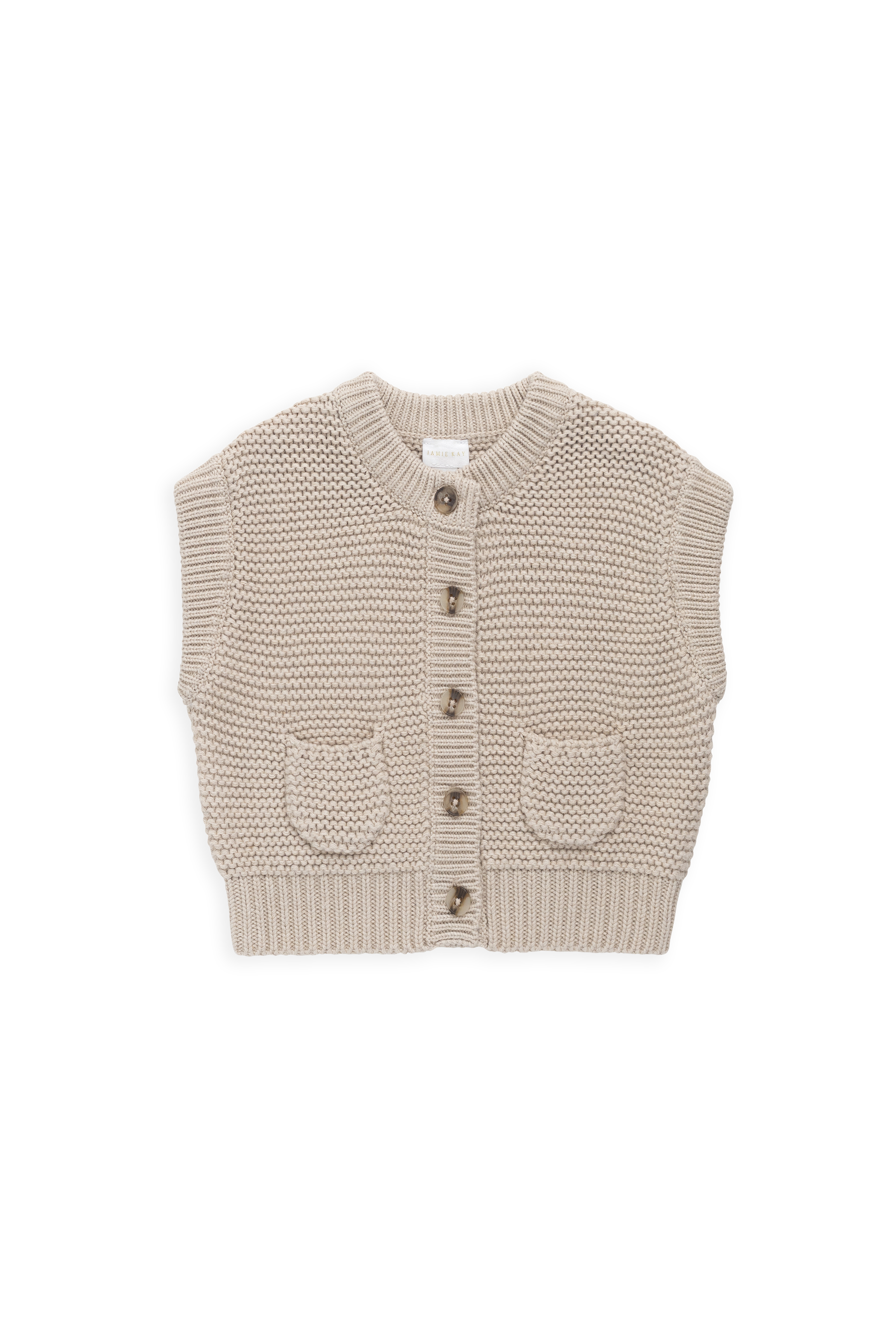 Gilet en maille 100 % coton classique couleur avoine avec boutonnage avant et détails de poche, à superposer, 0 mois-8 ans