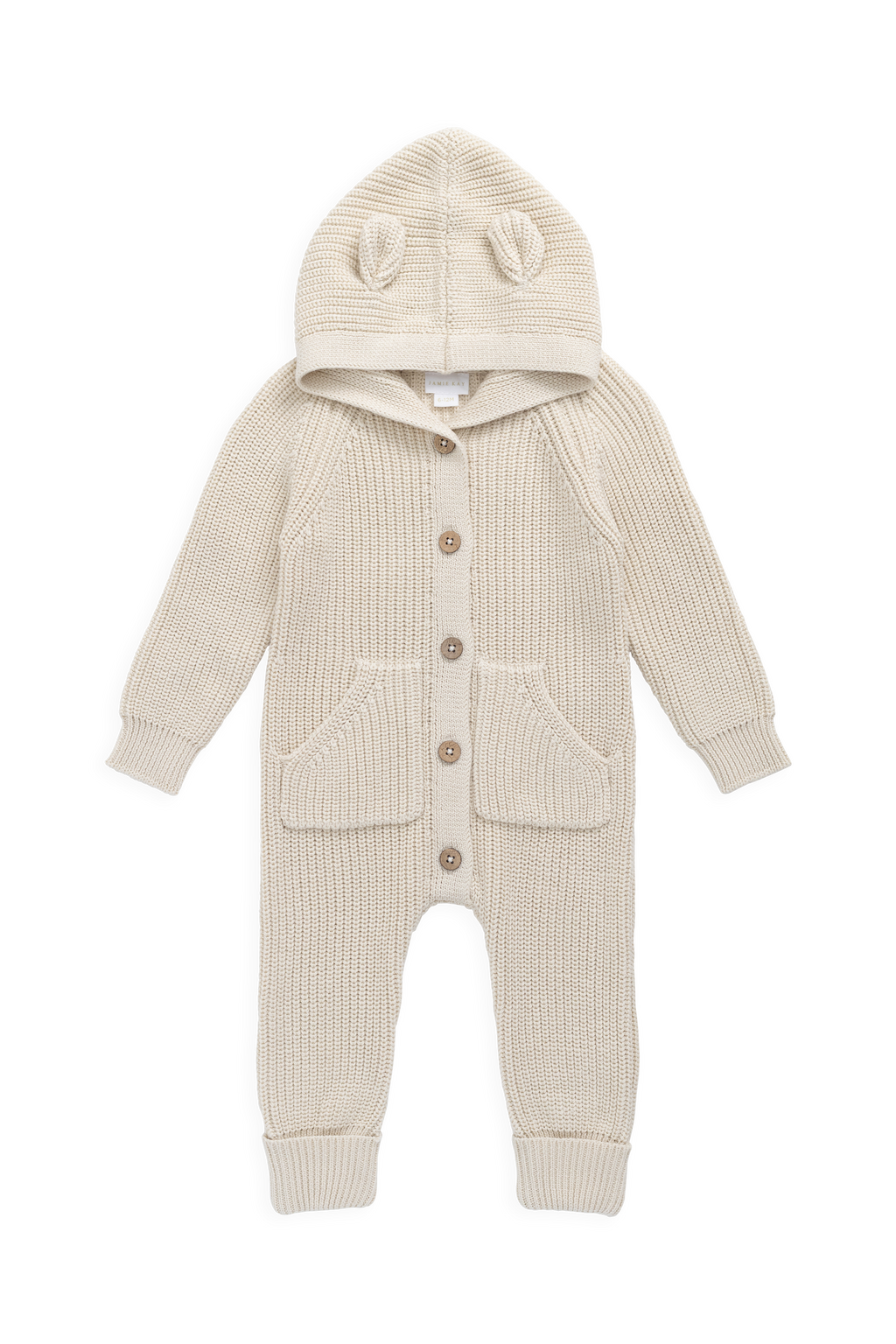 Grenouillère en tricot 100 % coton « Ourson Vanille » avec capuche à oreilles, boutonnée sur le devant et poches, pour bébés de 0 mois à 3 ans