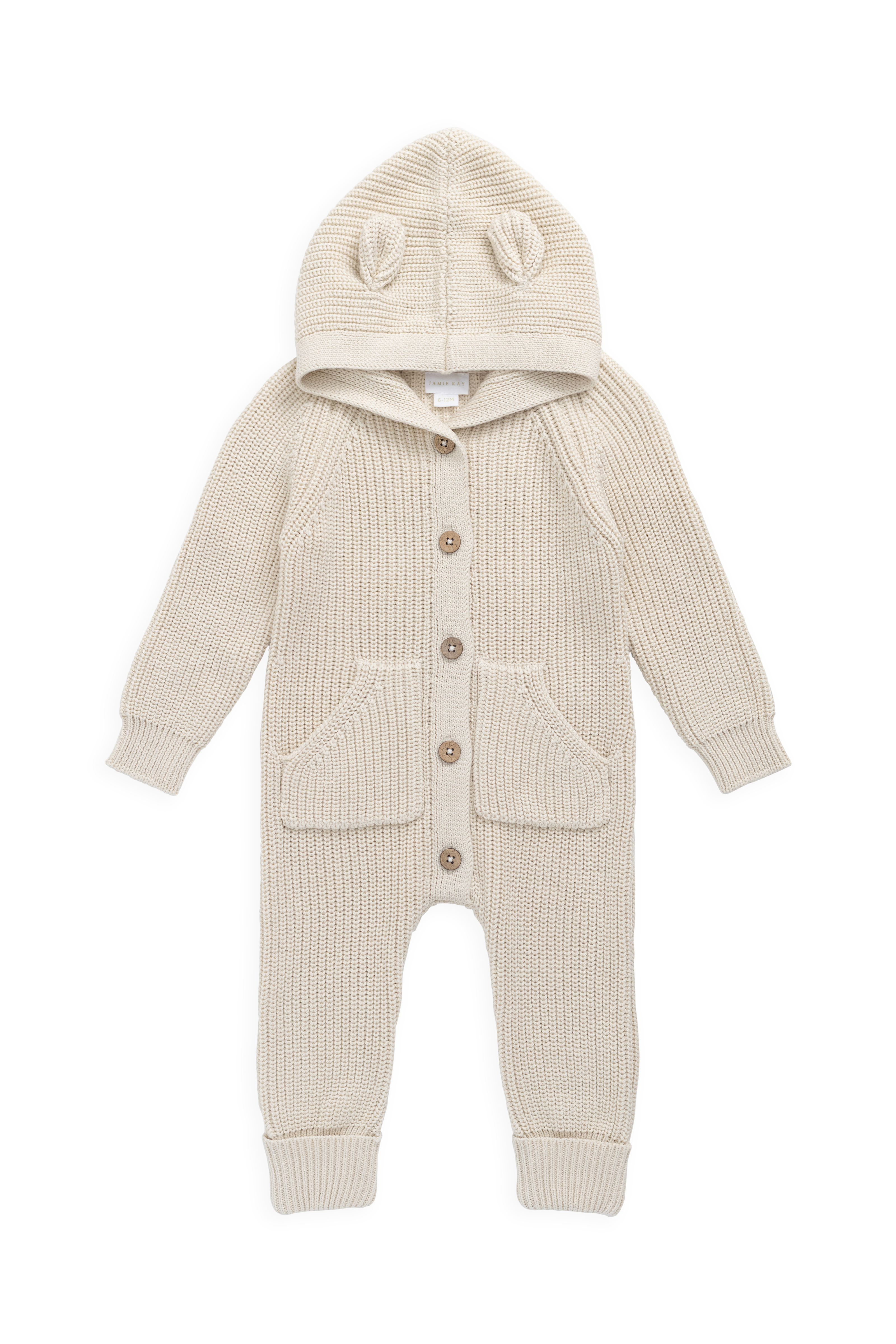 Grenouillère en tricot 100 % coton « Ourson Vanille » avec capuche à oreilles, boutonnée sur le devant et poches, pour bébés de 0 mois à 3 ans