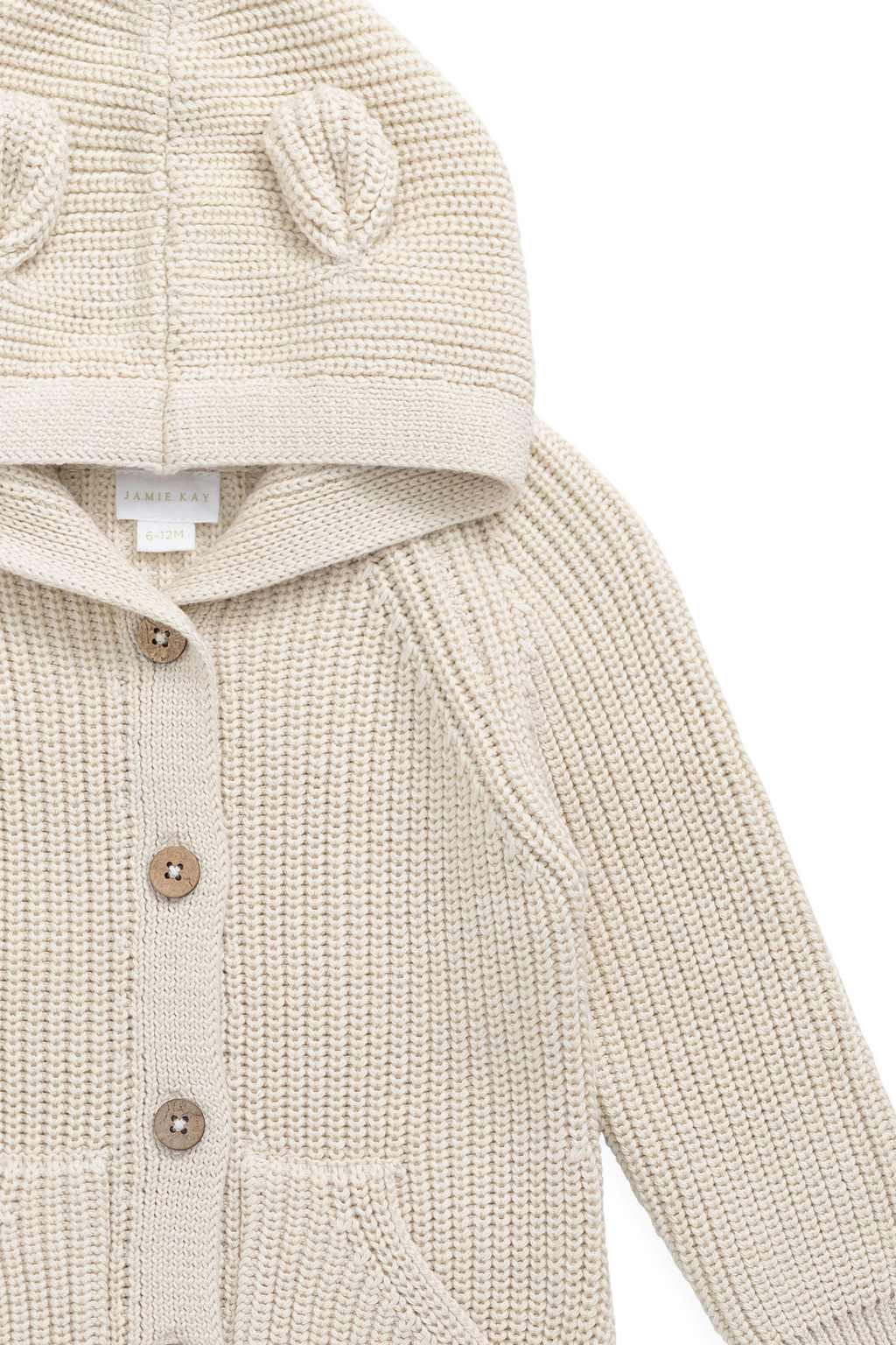 Grenouillère en tricot 100 % coton « Ourson Vanille » avec capuche à oreilles, boutonnée sur le devant et poches, pour bébés de 0 mois à 3 ans